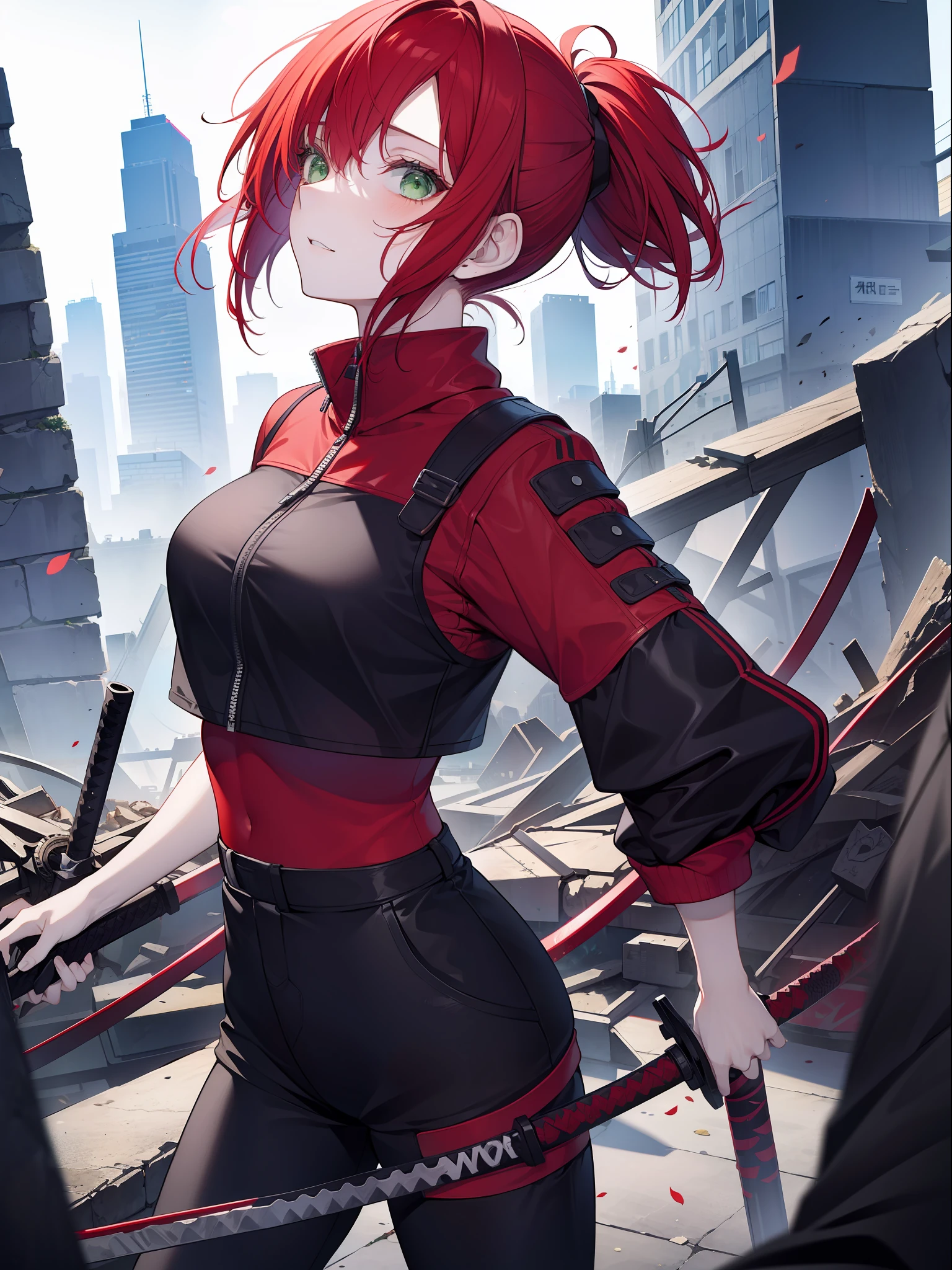 girl with red hair, short hair, ponytail, green eyes, wearing a black techwear, carrying a katana, modern city scene in ruins