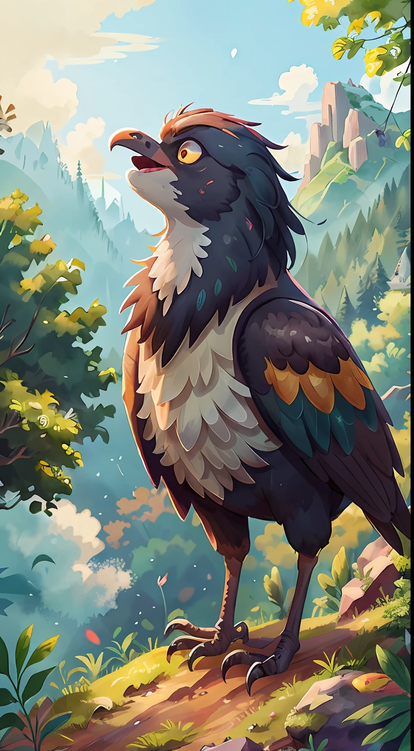 A crow flying high in the sky, forest and mountains below, Watercolor, full body view, sunset, perfect quality, (masterpiece: 1.2) (Bokeh background) (Best quality) (Detailed Skin: 1.3) (Intricate Details) (8K) (Detail Eyes) (Sharp Focus), (Happy), best lighting
