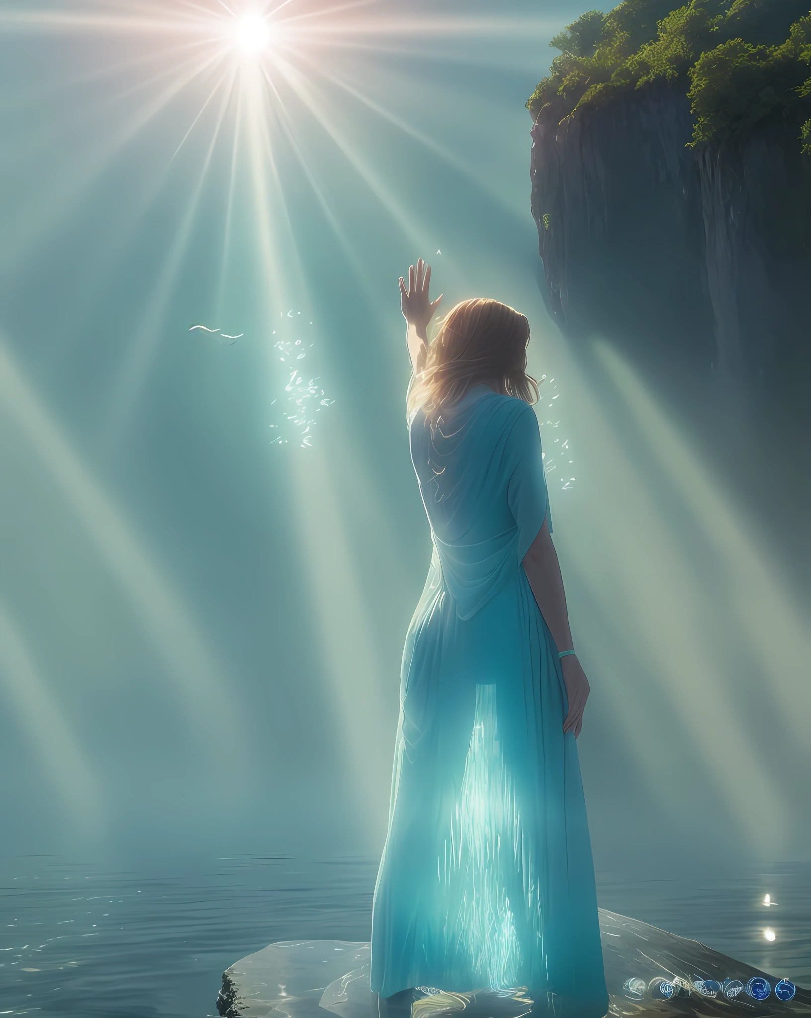 there is a woman standing on a rock in the water, a still of an ethereal, cinematic goddess shot, hologram hovering around her, in roger deakins style, still from a music video, stunning cinematography, sunburst behind woman, fantasy movie still, glowing lens flare wraith girl, Stand under a beam of light, ethereal back light, beautiful cinematography