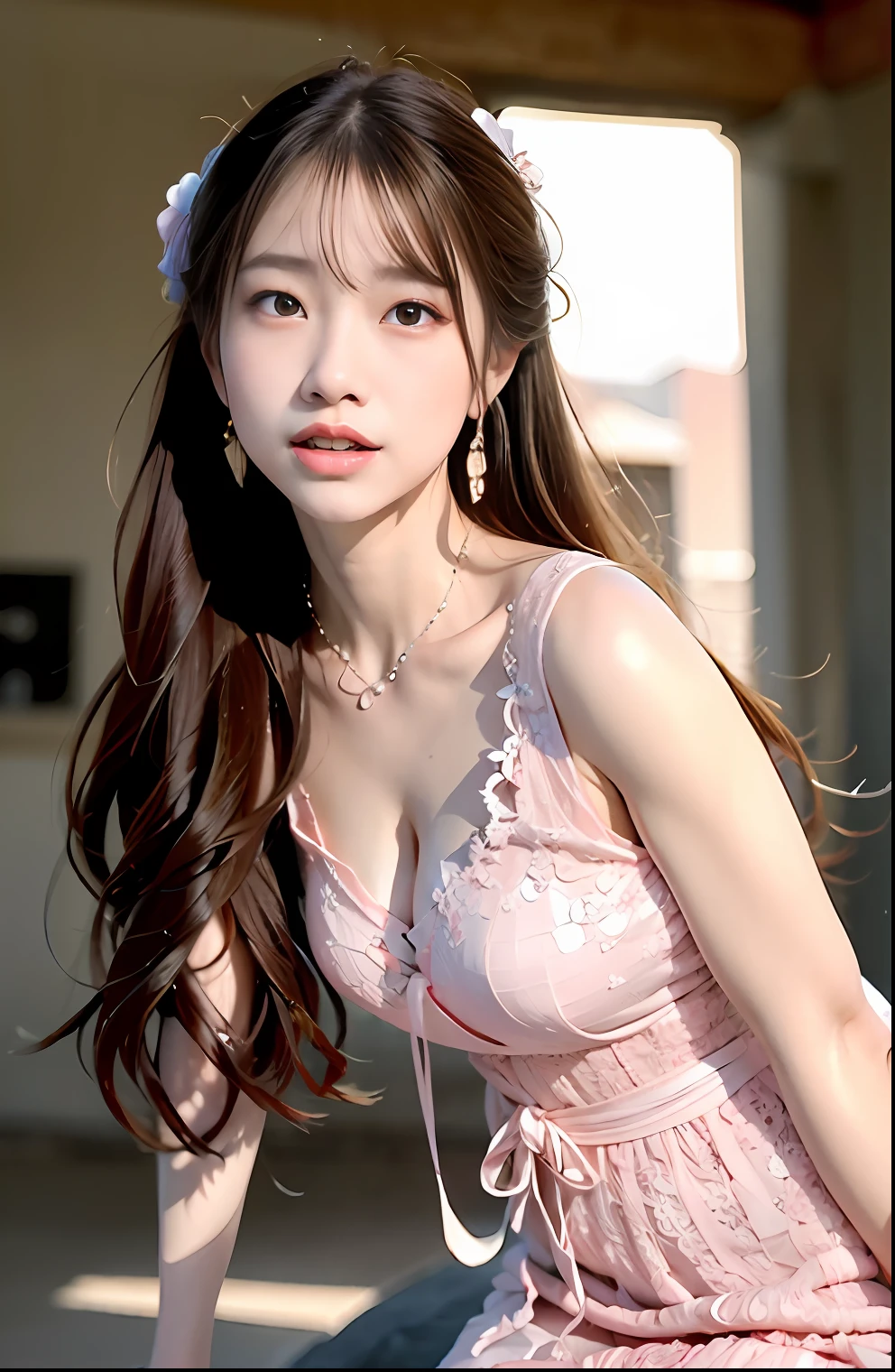 Close-up of a woman with long hair in a pink blouse, ruan jia beautiful!, lalisa manobal, shaxi, cute beautiful, Inspired by Huang Ji, jia, xintong chen, mackenzie foy, traditional art, By Ni Tian, Shin Jinying, beautiful lovely, Fanart, portait photo profile picture, lalisa manoban of blackpink，Bigchest，Beautiful breasts，8K，super high image quality，Delicate and realistic white skin，gentleness