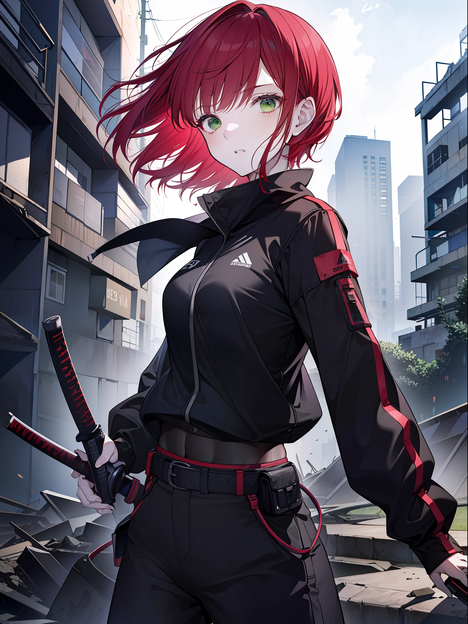 girl with red hair, short hair, green eyes, serious face, wearing a black techwear, carrying a katana, modern city scene in ruins