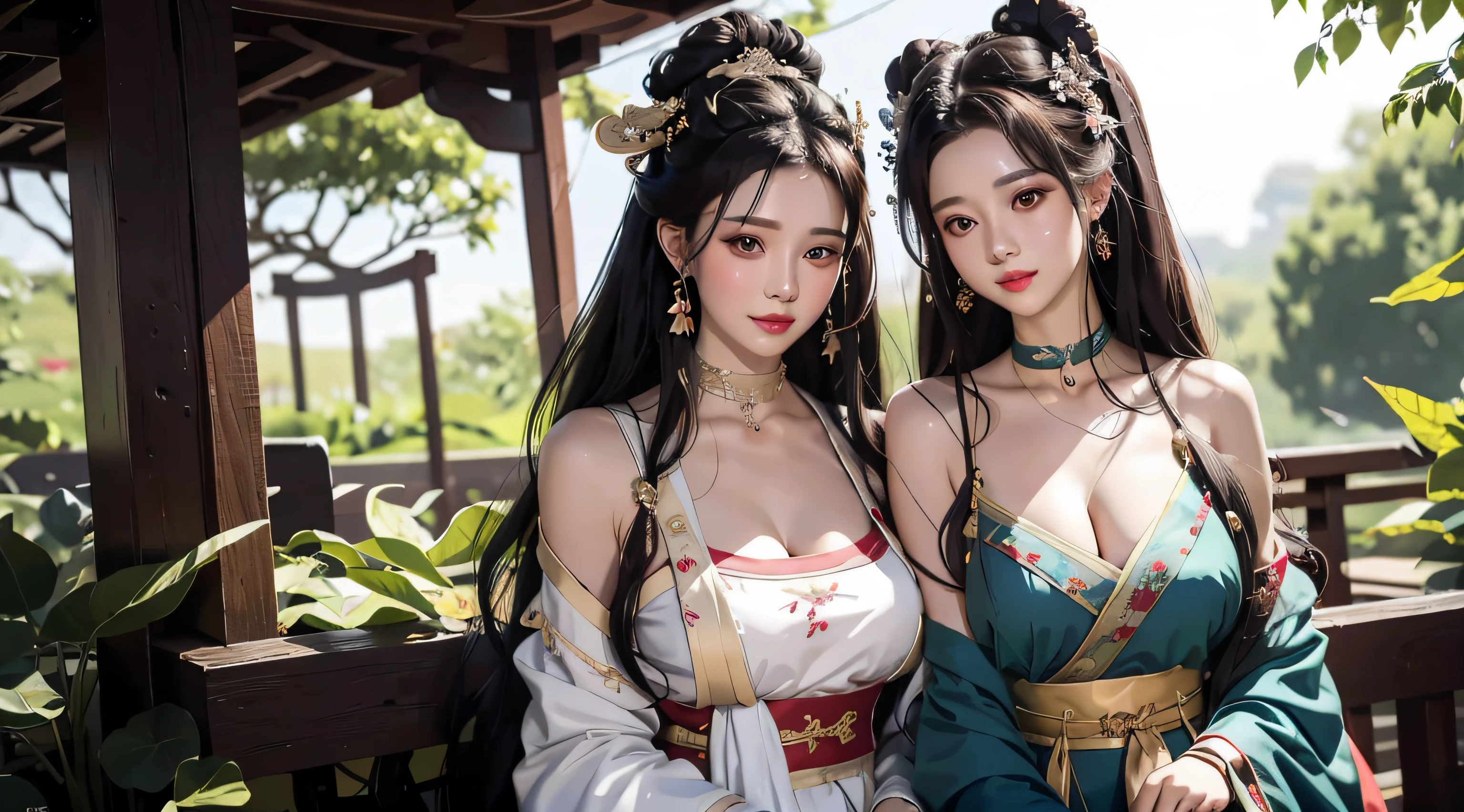 2females，Huge breasts，brunette color hair，ssmile，（Hanfu），Hanfu，（Open your clothes），Redlip，耳Nipple Ring，florals，hair adornments，jewelry，long whitr hair，Look at the audience，choker necklace，Portrait，ssmile，独奏，A half body，（Shiny skin）， （tmasterpiece：1.4），（best qualtiy：1.4）