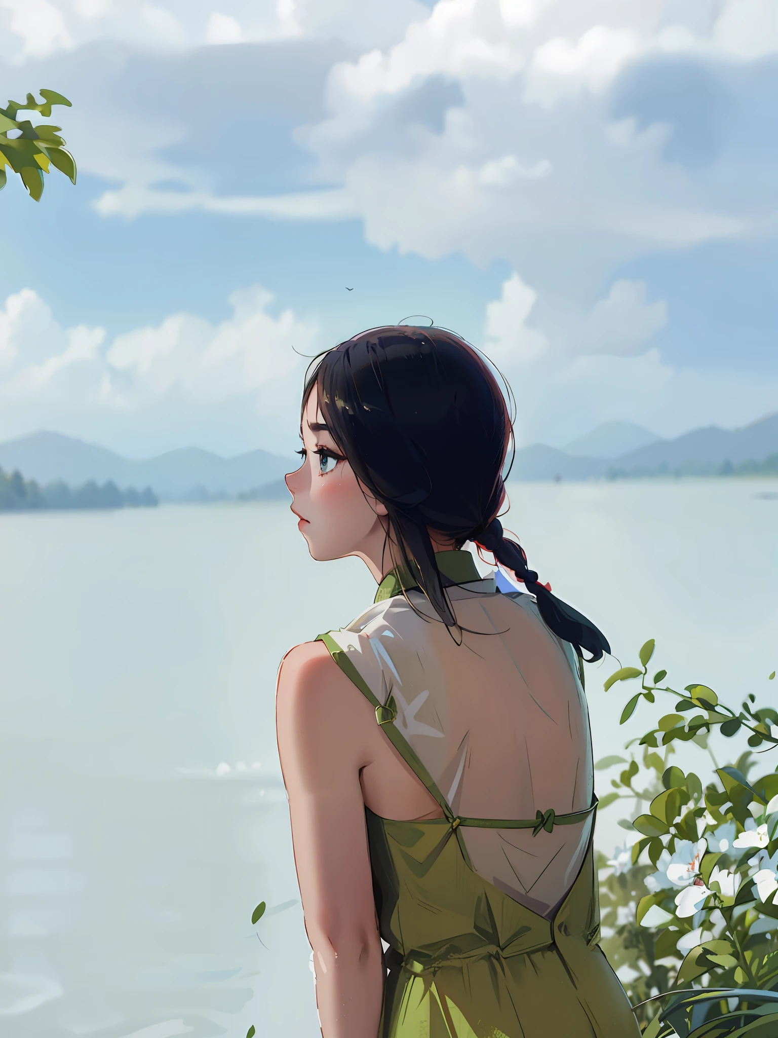 Alafid woman in green dress looking out over the lake, xintong chen, Back - View, 🤬 🤮 💕 🎀, sun yunjoo, Yoshitomo Nara, f / 1. 9 6. 8 1 mm ISO 4 0, 8K)), Lake in the background, wenfei ye, zmonzheng