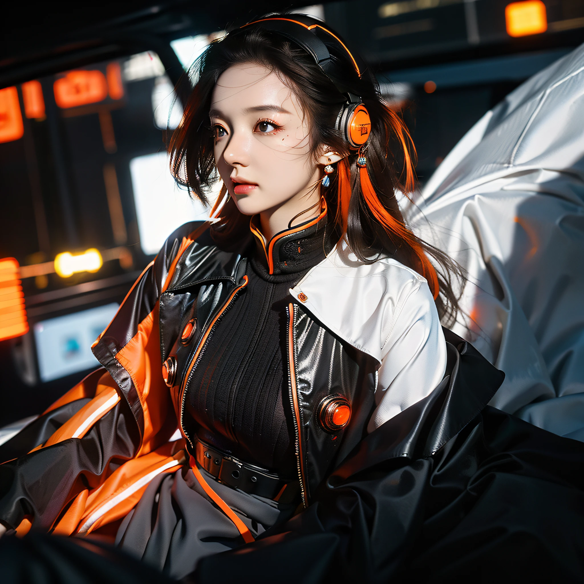 1 girl, Chinese_clothes, metallic black titanium and orange, cyberhan, cheongsam, cyberpunk city, dynamic pose, detailed luminous headphones, glowing hair accessories, long hair, luminous earrings, glowing necklace, cyberpunk, high-tech city, full of mechanical and futuristic elements, futurism, technology, glowing neon, orange, orange light, fluorescent orange, skirt, cape, coat, laser, digital background, urban sky, big moon, with vehicle, best quality, masterpiece, 8K, Character edge light, super high detail, high quality, the most beautiful woman in human beings, slight smile, face facing front left and right symmetry, ear decoration, beautiful pupils, light effects, visual data, pick and dye orange, dye hair, super detail facial texture, happy and proud, weapon system, mecha style, crowded street passers-by, full body in camera, infinite zoom, super light and shadow, various poses, long hair flowing, glowing boots