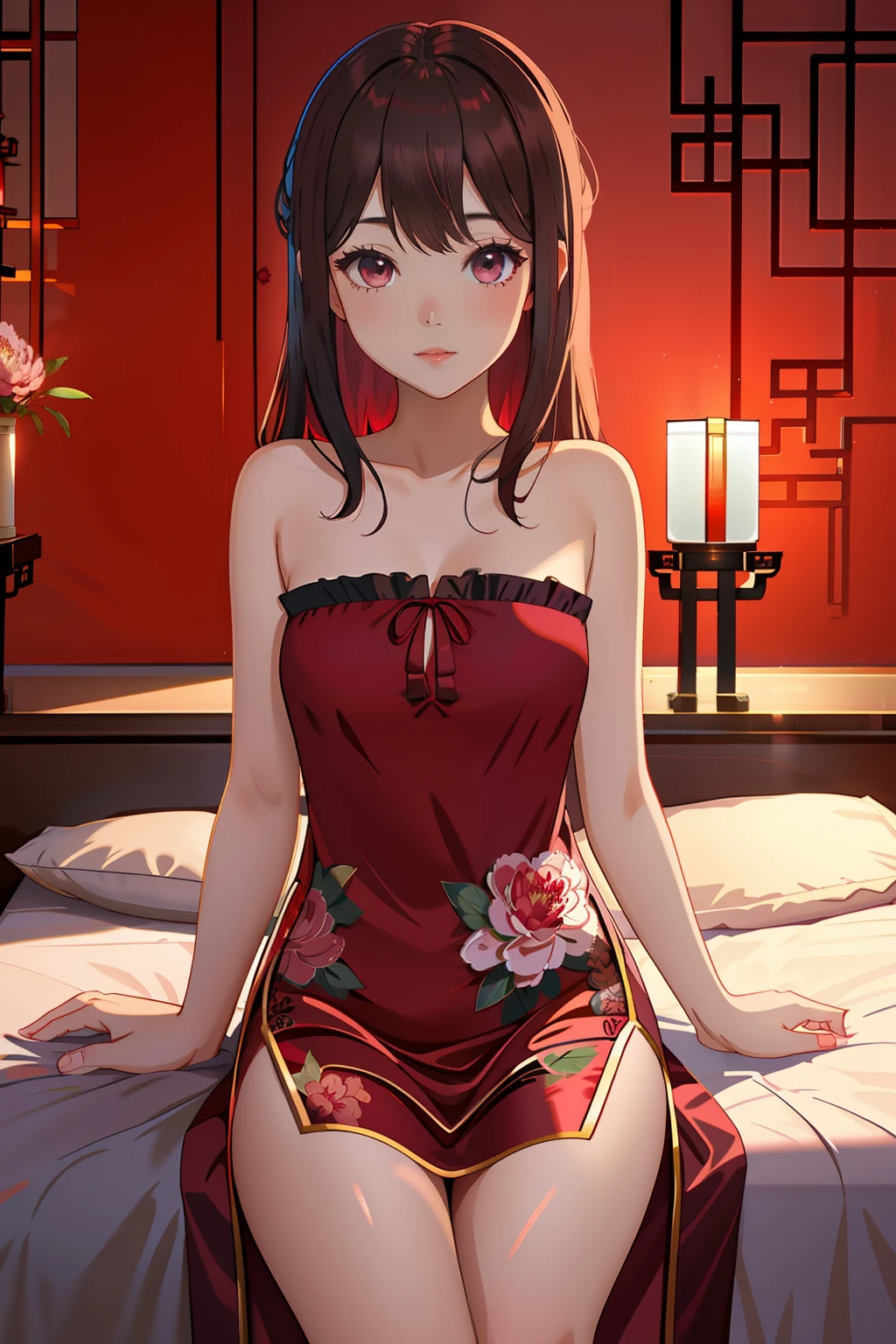 Pubic area is clear，4k wallpaper，HighestQuali，1 teenage girl，brunette color hair，Black eyes，Burgundy silk nightdress（Peony flower pattern），Reallightandshadow，Warm lighting，Chinese style bedroom，Traditional red silk bedding