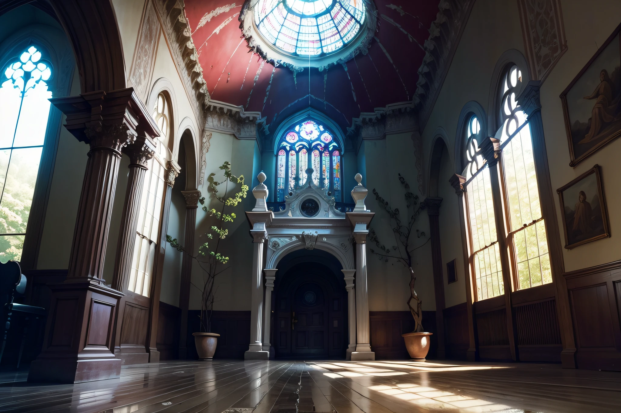 Beautiful gloomy abandoned dilapidated church, colored stained-glass windows, A large cross hangs from the ceiling, The vibrant, A thin beam of sunlight falls on the floor, In the middle of the room, Spruce grows from the floor