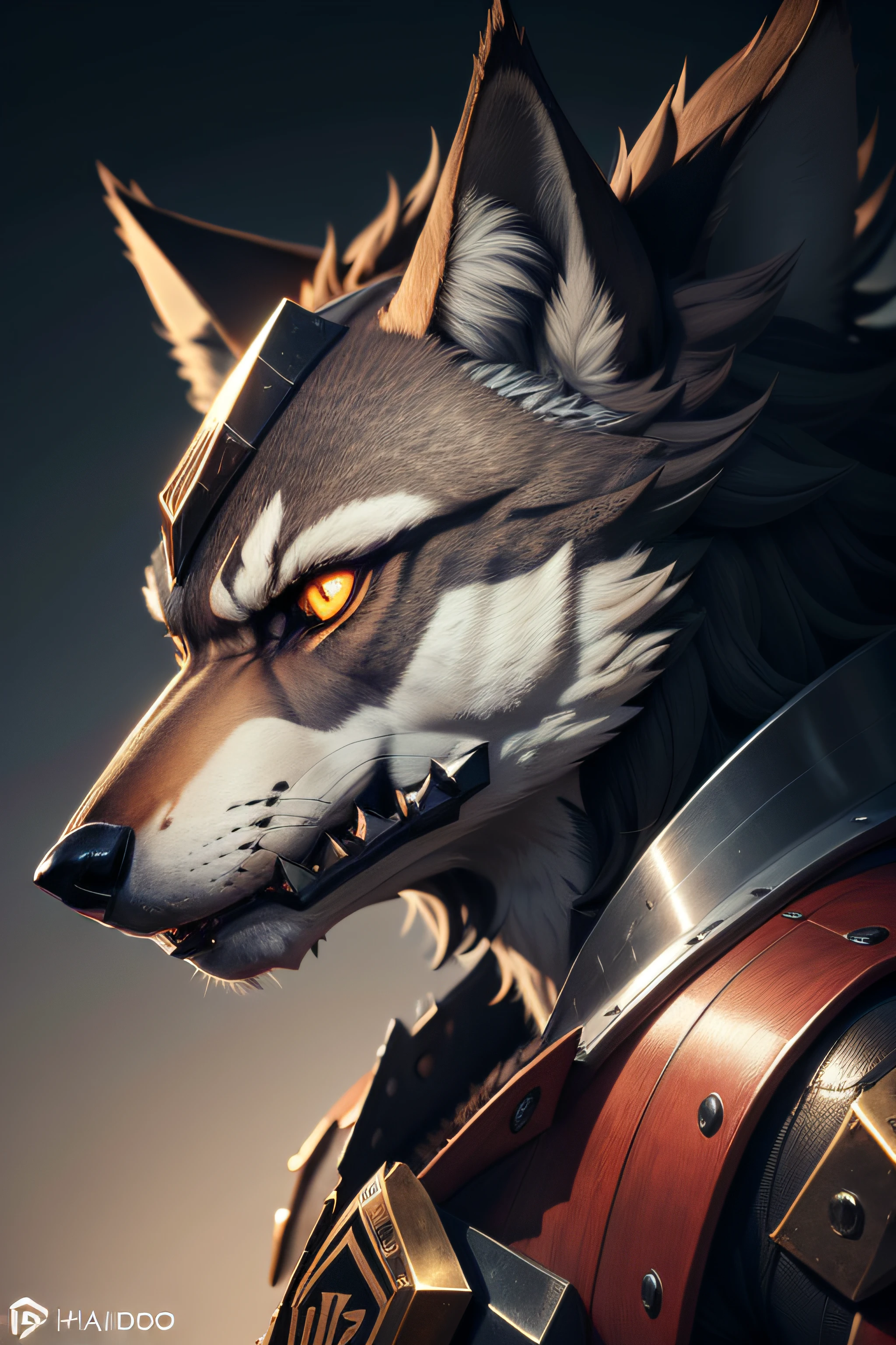 A fierce-looking wolf head in profile, com afiado, dynamic lines and intricate detailing. "Hugo RR" is written in bold, 3D metallic letters below the wolf's snout, dando-lhe uma vibe gamer com armaduras no rosto