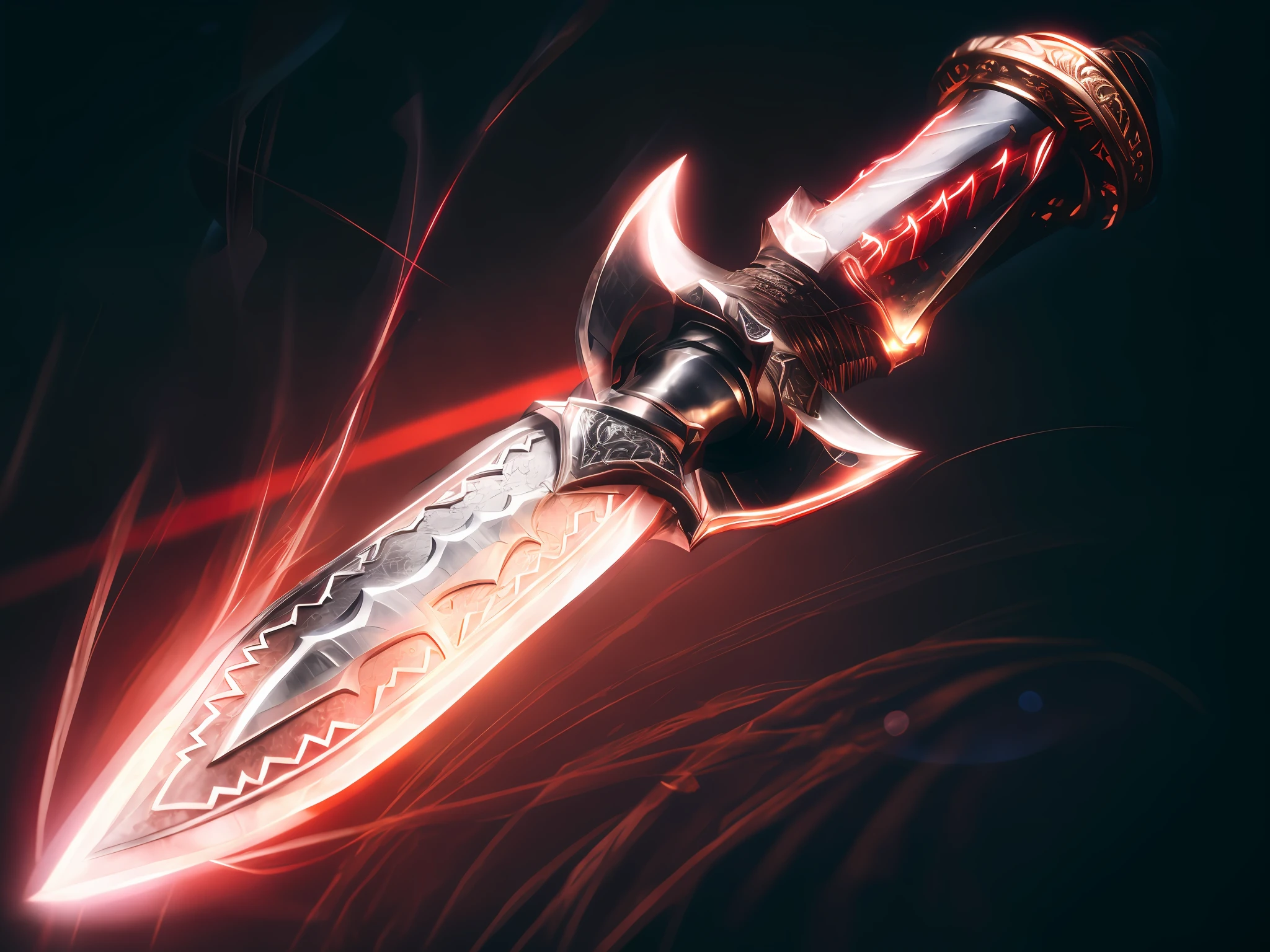 A close-up of a dagger,A red light is emitted from it, Fantasy Blade, epic fantasy weapon art, war blade weapon, beautiful sword, black and red fantasy sword, 8k hd wallpaperjpeg artifact, 8k hd wallpaperjpeg artifact, intricate fantasy spear, fantasy sword of warrior, fantasy sword, fantasy rpg weapon art, style of ghost blade