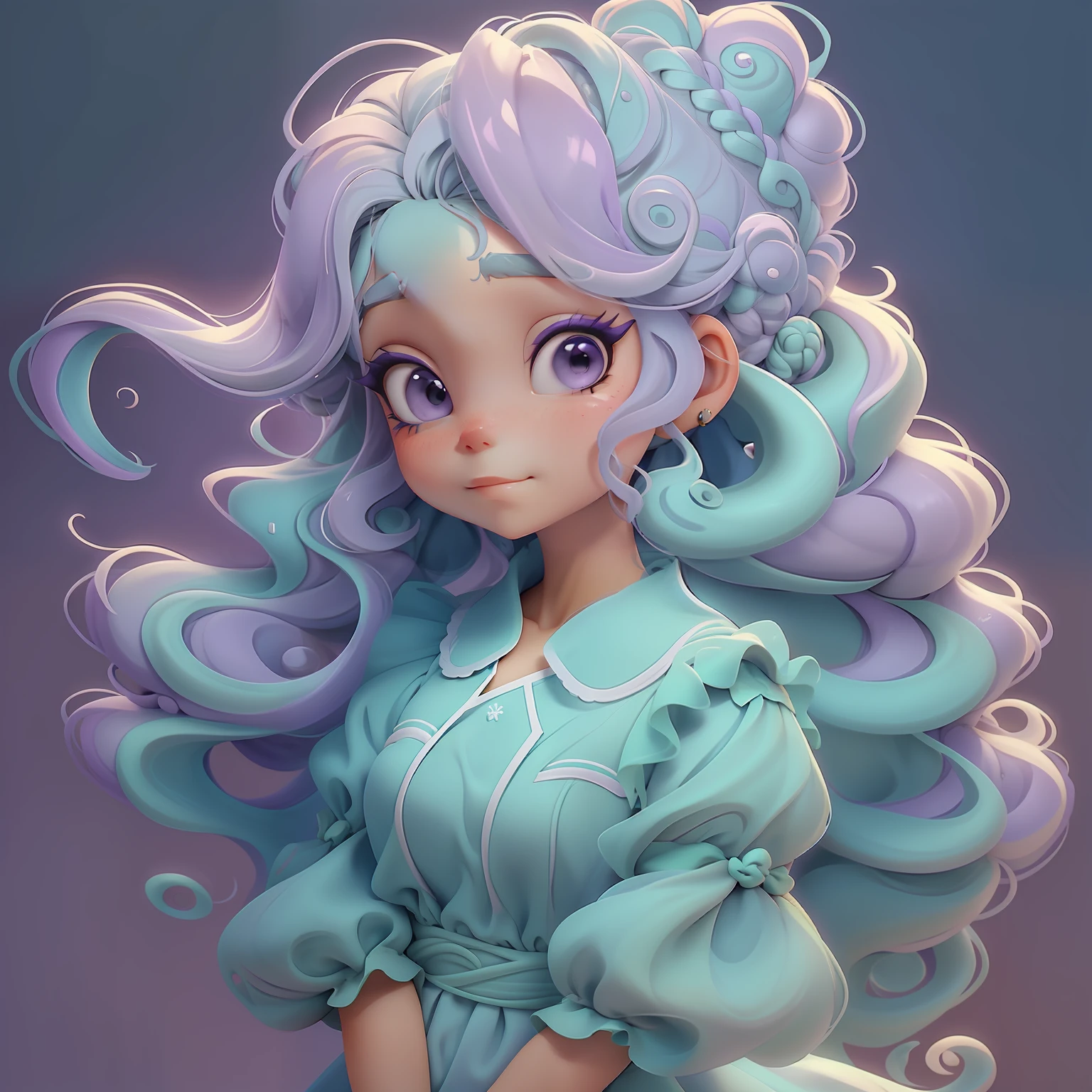 menina lama, (lama), Slime hair Penteado duplo buns estilo de cabelo, Uva Roxo, Vestido branco da princesa com cinto da arma, master part, best quality