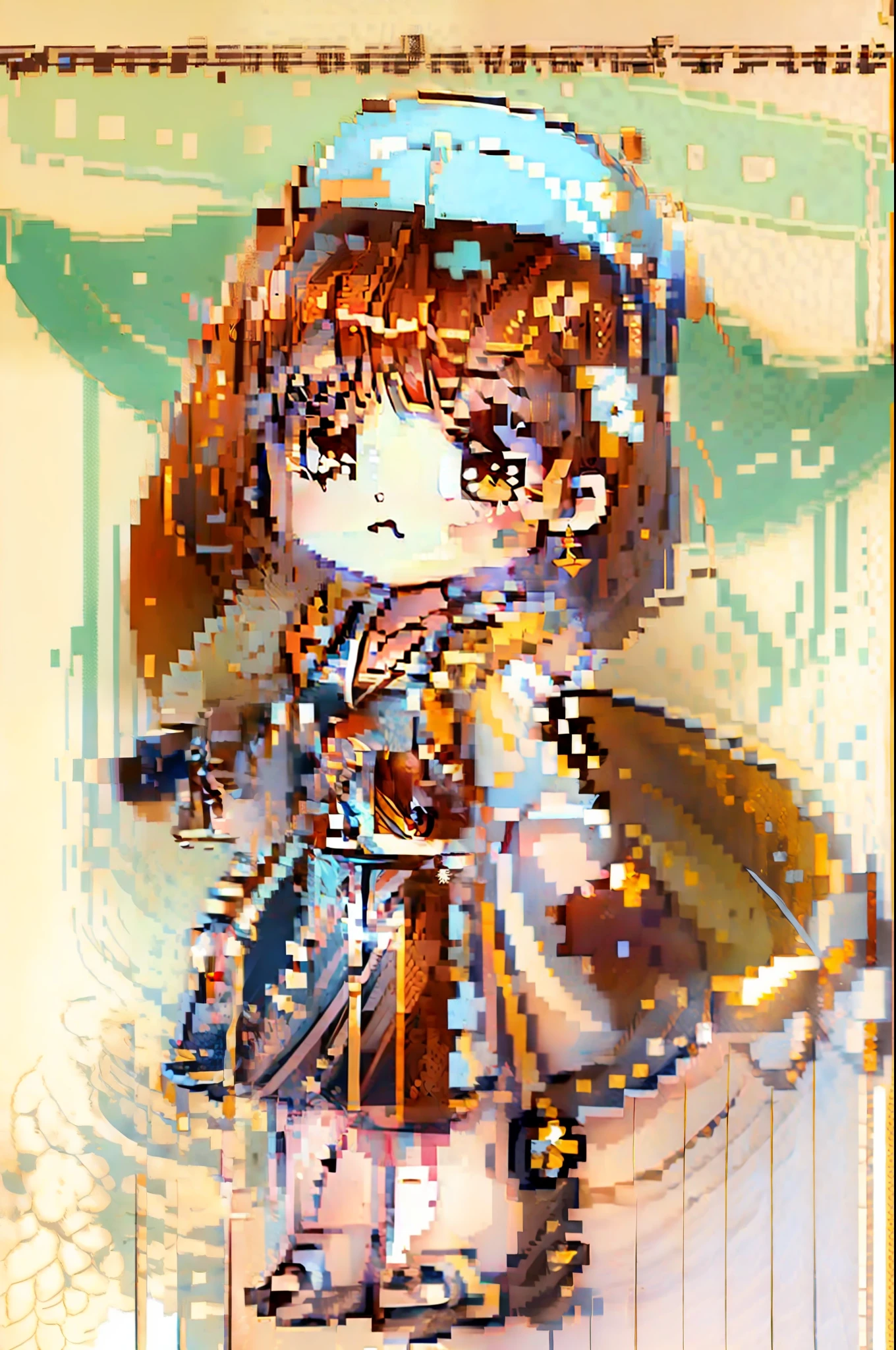 1girl, masterpiece, best quality, chibi, looking at viewer, cowboy shot, reisalin,  standing,brown hair, brown eyes, solo, hairclip, earrings, jewelry, short_hair, white_headwear, hat, hair_ornament, brown_gloves, necklace, x hair ornament, braid,
