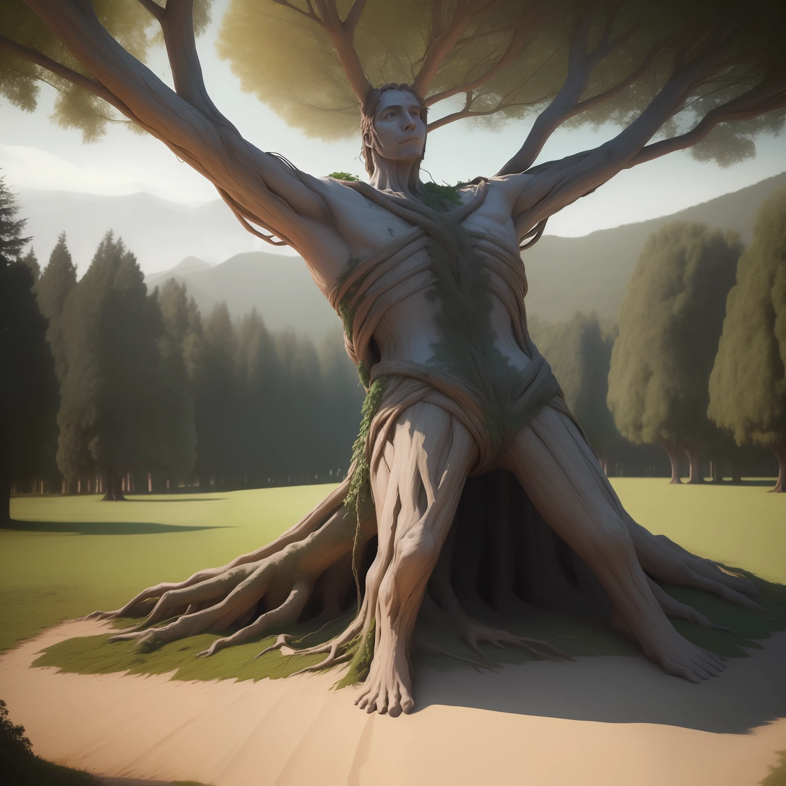 Man bound to the earth as a tree, assustado, His arms are branches, its legs are roots, 8k, 16:9, cinematographic, com roupas, narnia