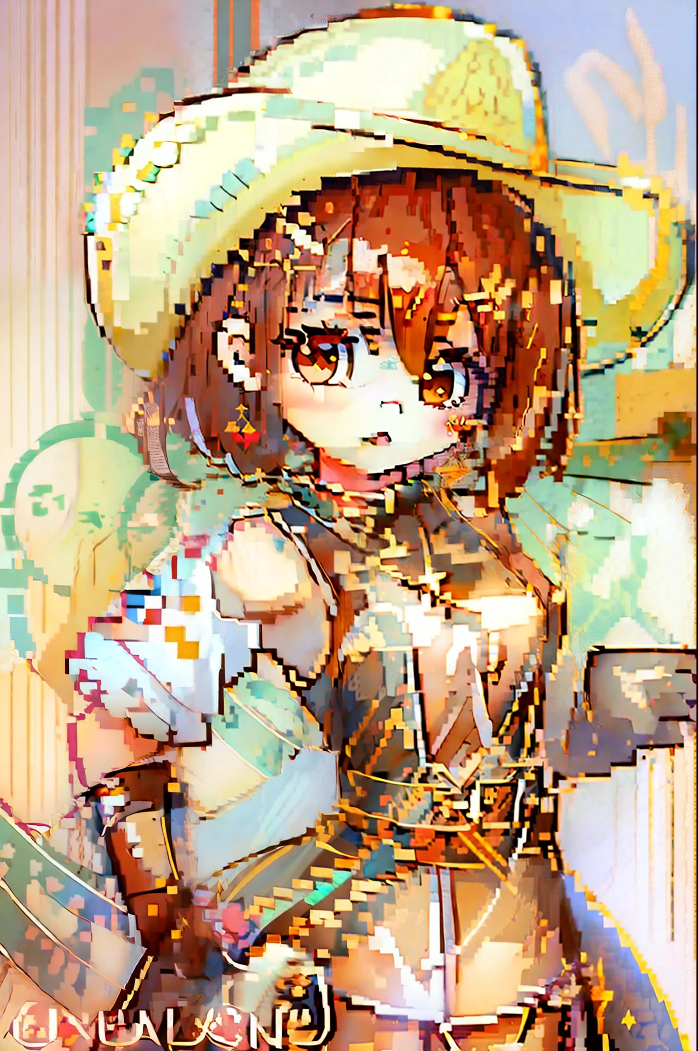 1girl, masterpiece, best quality, chibi, looking at viewer, cowboy shot, reisalin, standing,brown hair, brown eyes, solo, hairclip, earrings, jewelry, short_hair, white_headwear, hat, hair_ornament, brown_gloves, necklace, x hair ornament, braid,