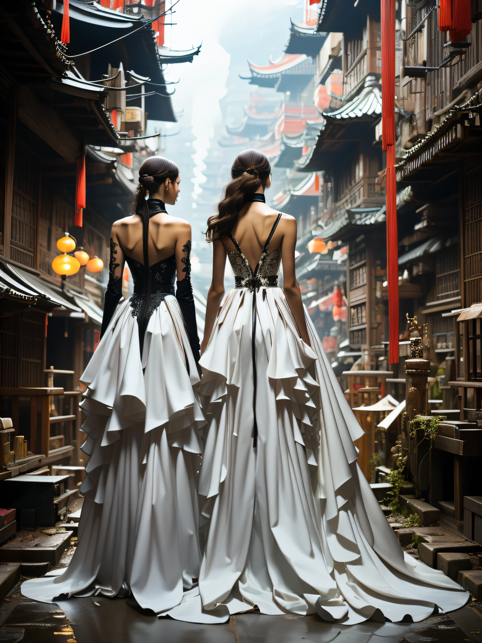Haute couture models wear delicate Hanfu,Alexander McQueen, With his back to the camera, Stand in a bustling metropolis of futuristic architecture. This one was taken by Andreas Gursky《Vogue》The full-body photo blends Chinese tradition with modernity,真实感,Ultra-clear resolution