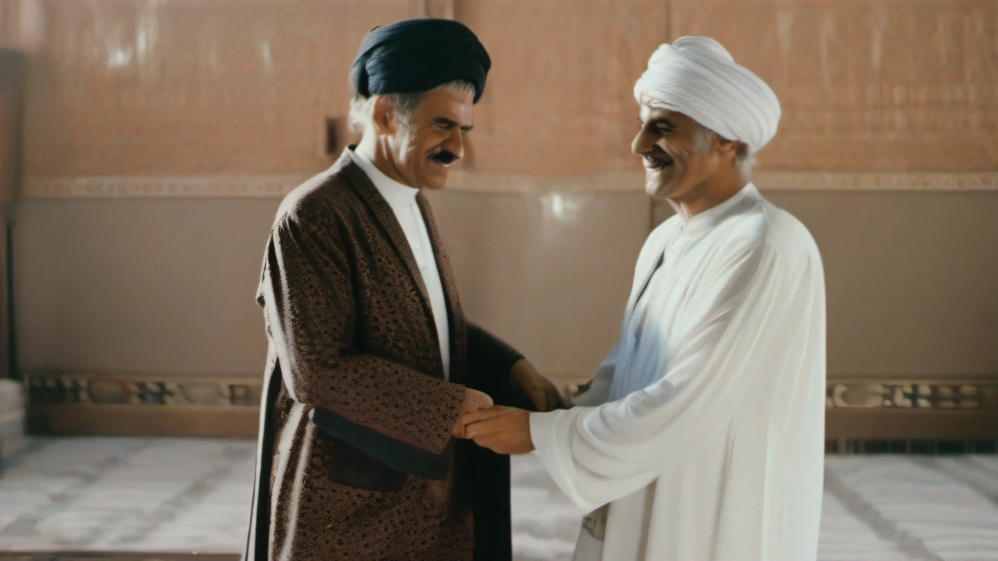 an ancient Arab man, vestindo manto e turbante preto, falando com um emir importante, em uma sala escura