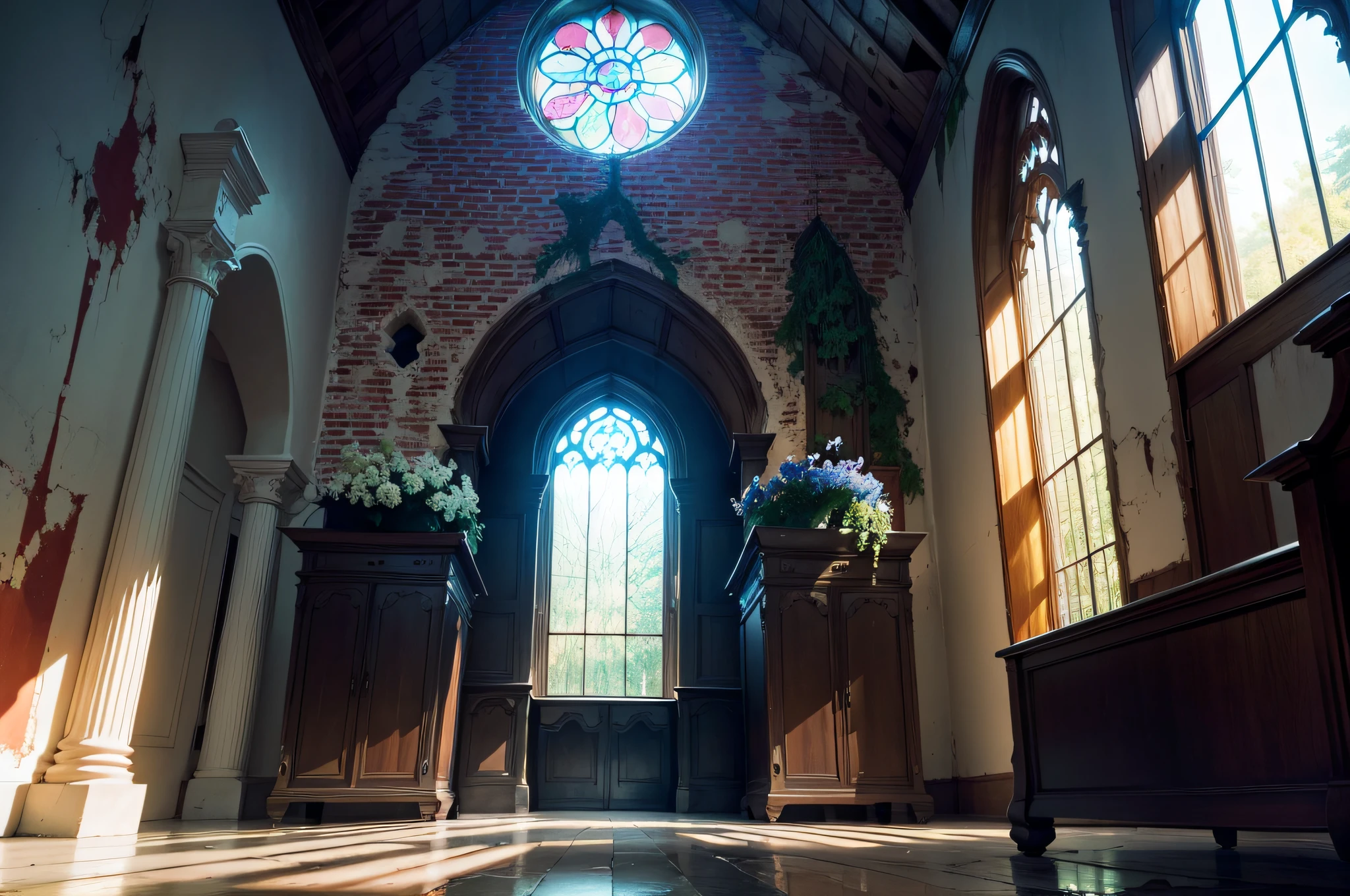 Beautiful gloomy abandoned dilapidated church, colored stained-glass windows, A large cross hangs from the ceiling, The vibrant, A thin beam of sunlight falls on the floor, In the middle of the room, Spruce grows from the floor
