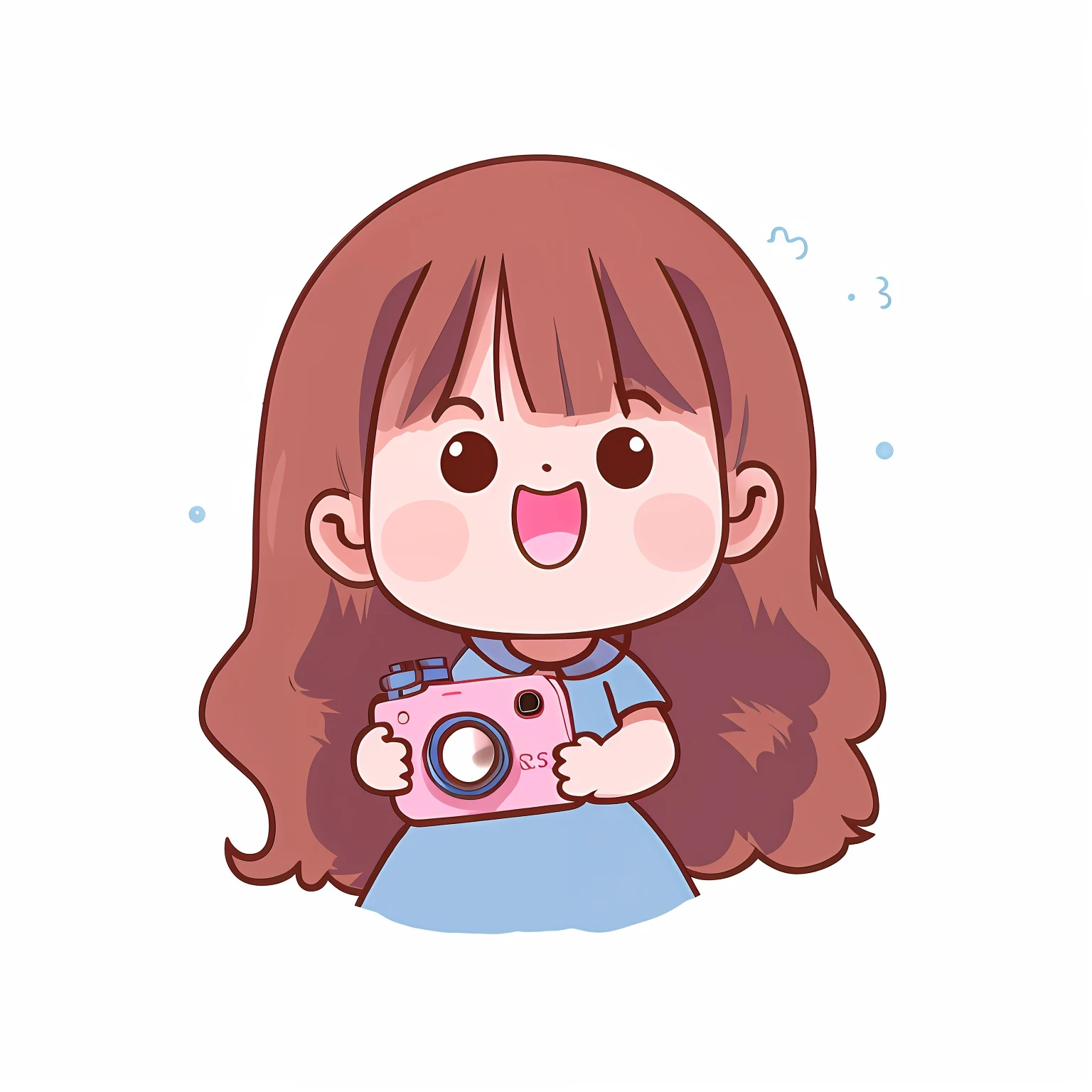 Cartoon girl with camera and blue dress, holding a camera, young and cute girl, adorable expression