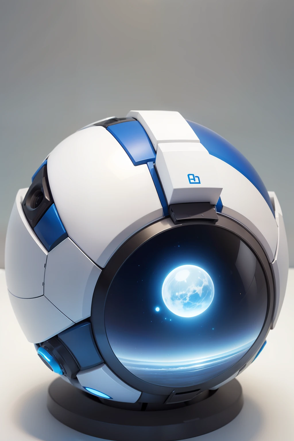 sphere, robot, drone, realistic, white and blue, display in the middle