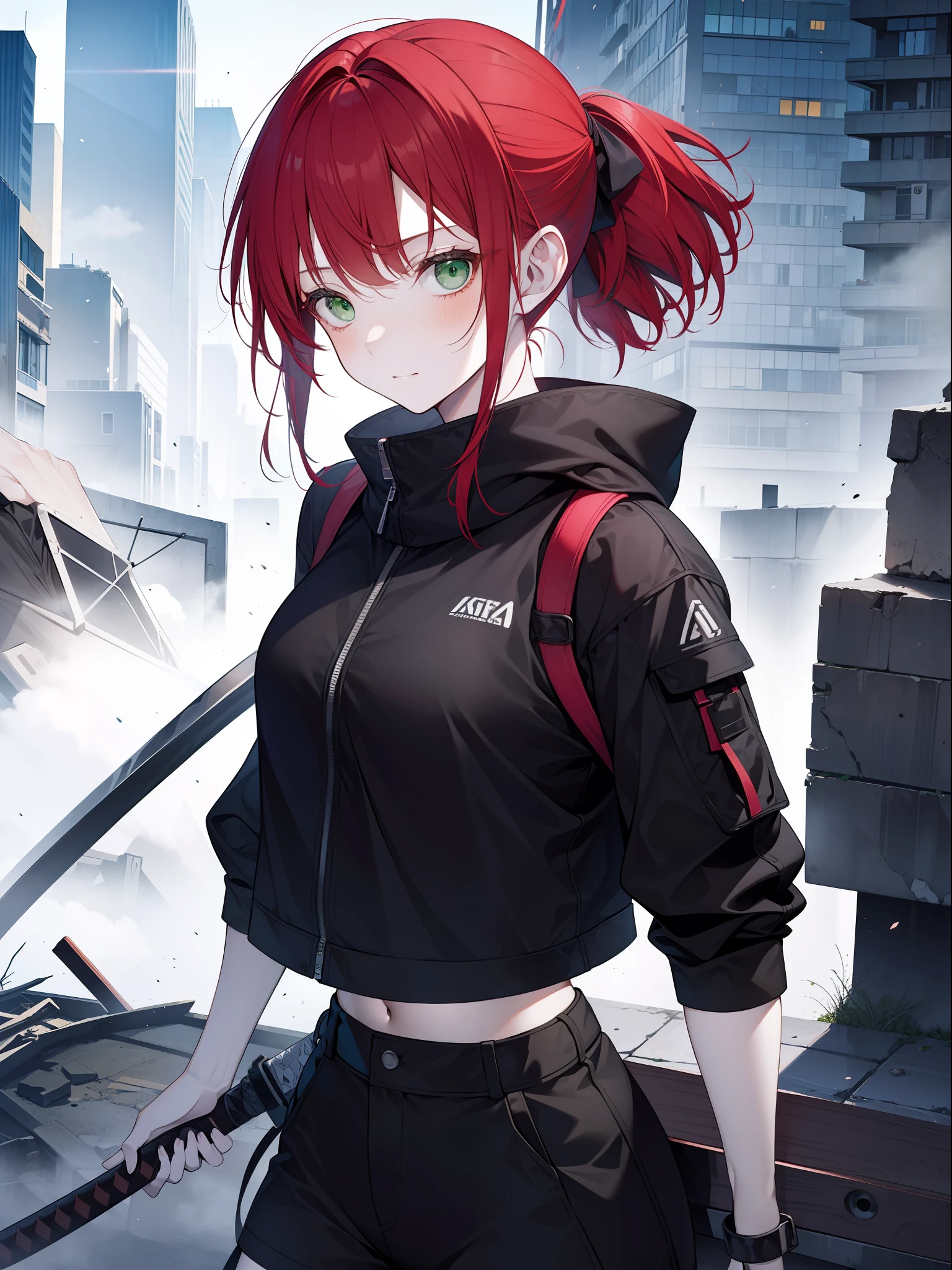 girl with red hair, short hair, ponytail, green eyes, wearing a black techwear, carrying a katana, modern city scene in ruins