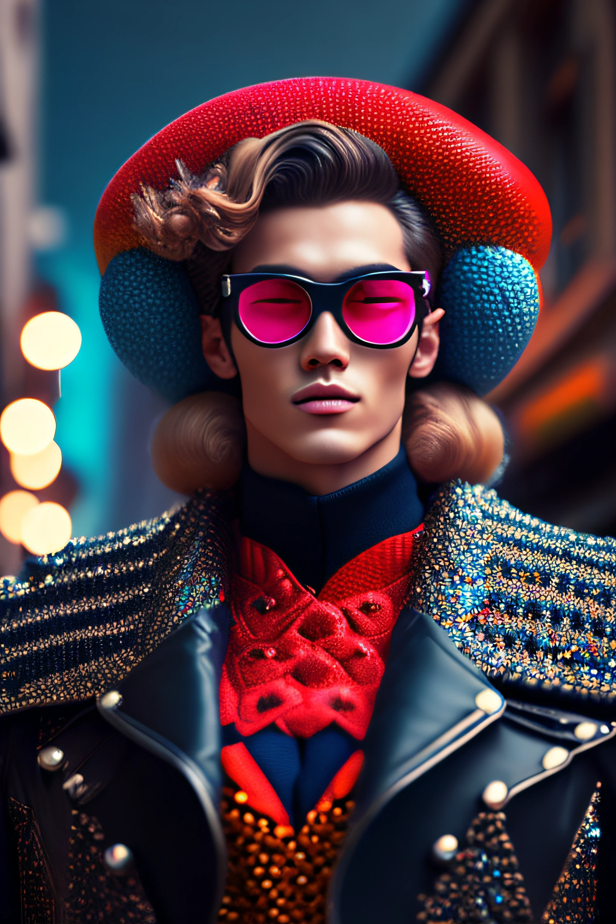 (portrait fashionista man middle ages 1950s with intricate colorful trendy glossy tinted goggle), fluffy c0lorful hair, smilingly expression, (Extremely Detailed digital photography:1.2), standing in middle of city, (((full body))), raw picture, analogue, Hasselblad, 50asa, f8, 12mm, glow effects, godrays, Hand drawn, render, 8k, octane render, cinema 4d, blender, dark, atmospheric 4k ultra detailed, cinematic sensual, Sharp focus, humorous illustration, big depth of field, Masterpiece, colors, 3d octane render, 4k, concept art, trending on artstation, hyperrealistic, Vivid colors, rim light, extremely detailed CG unity 8k wallpaper, trending on ArtStation, trending on CGSociety, Pop Art style by Yayoi Kusama, Intricate, High Detail, dramatic
,pure energy, light particles, sci-fi