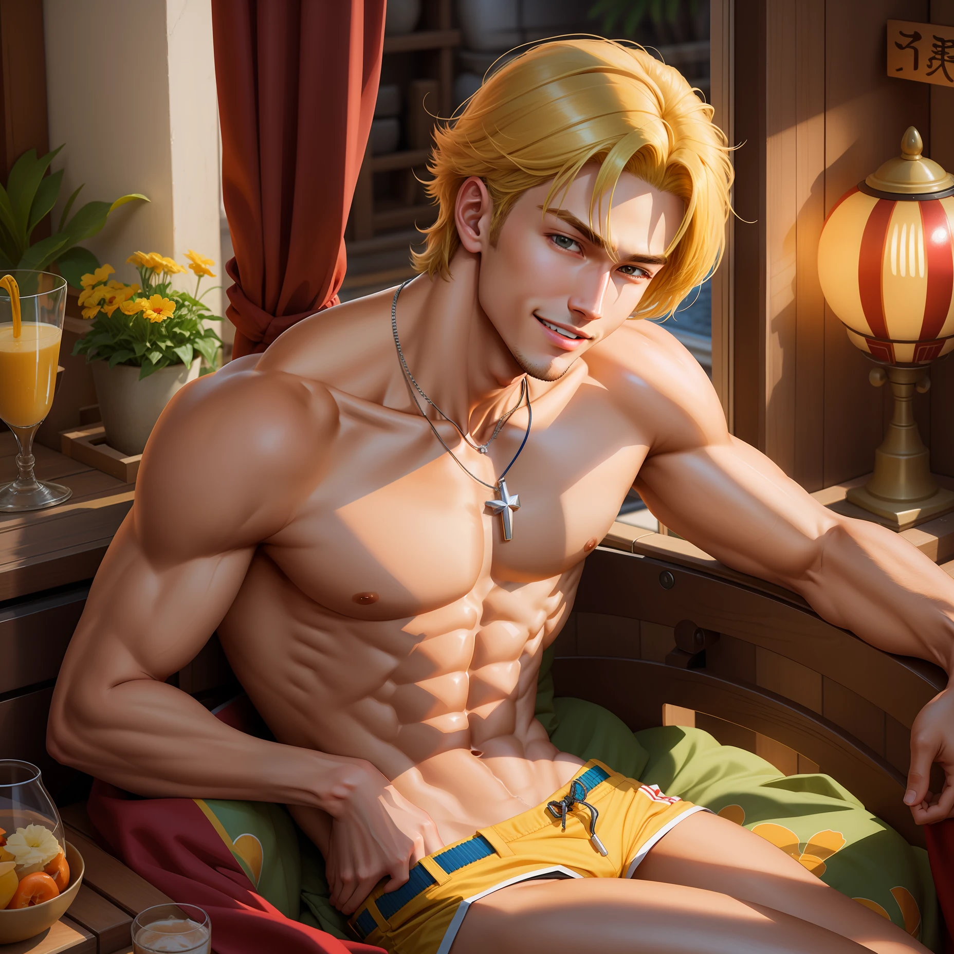 Two-dimensional abs, Young handsome guy, Japanese manga style, Sunny and cheerful, A blonde masterpiece, The best quality adult necklace around 20 years old