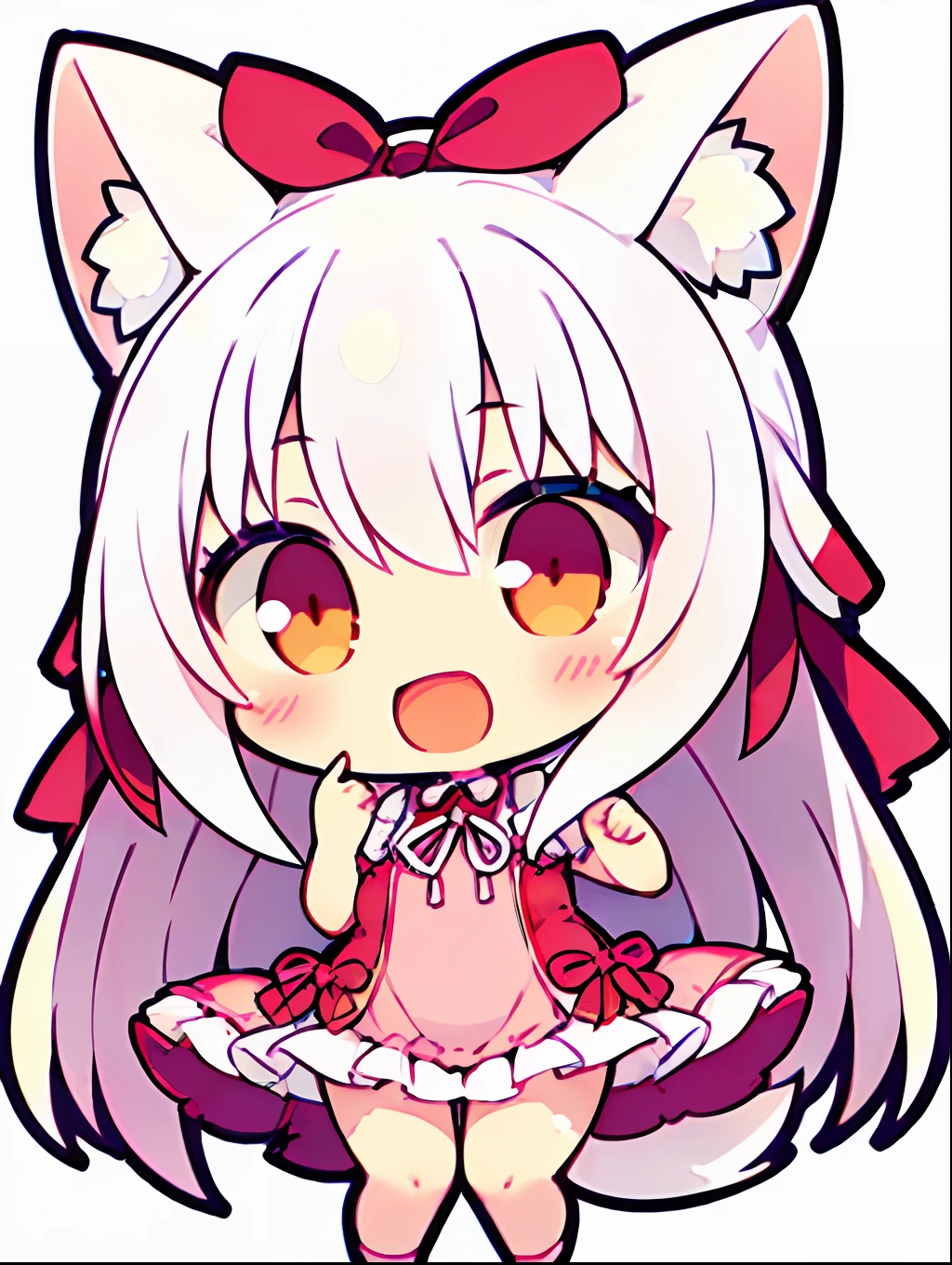 1girll, (chibi:1.3),(s whole body:1.5), ((Blank white background:1.5))
looking up at viewer, blushing, Smile, :D and, Open your mouth
(Pink one-piece dress:1.2), ((white haired)), long  hair,  ((red pupil)), fox ears, fox tail, ( Very large pink ribbon on the head:1.2)
While watching the viewer,