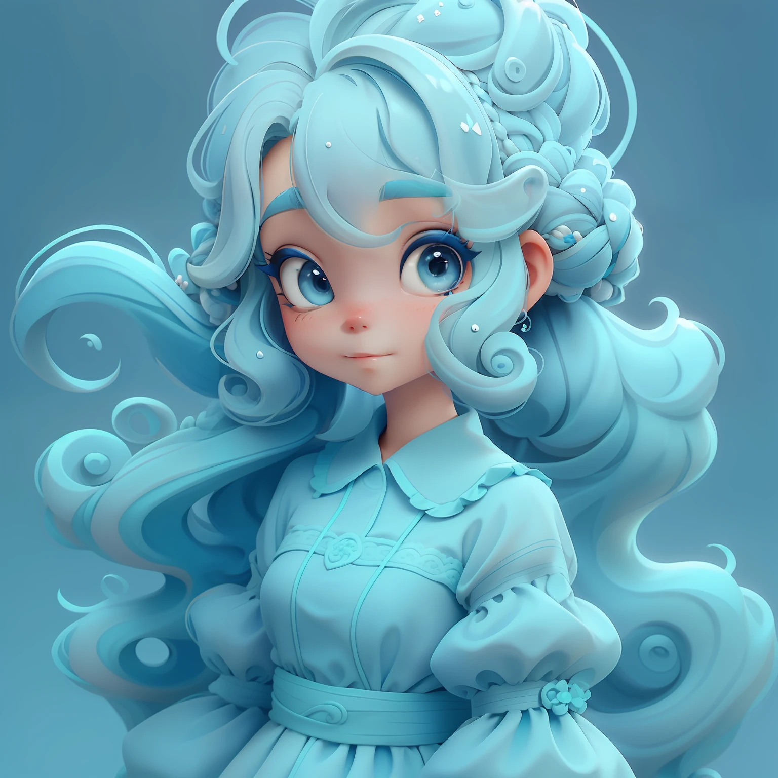menina lama, (lama), Slime hair Penteado duplo buns estilo de cabelo, azul blueberry, Vestido branco da princesa com cinto da arma, master part, best quality