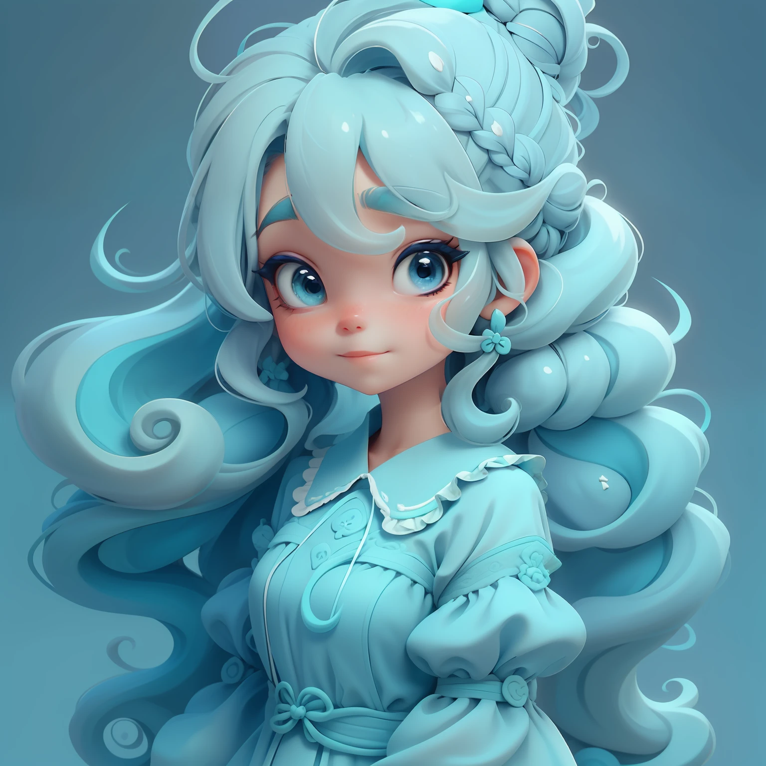 menina lama, (lama), Slime hair Penteado duplo buns estilo de cabelo, azul blueberry, Vestido branco da princesa com cinto da arma, master part, best quality