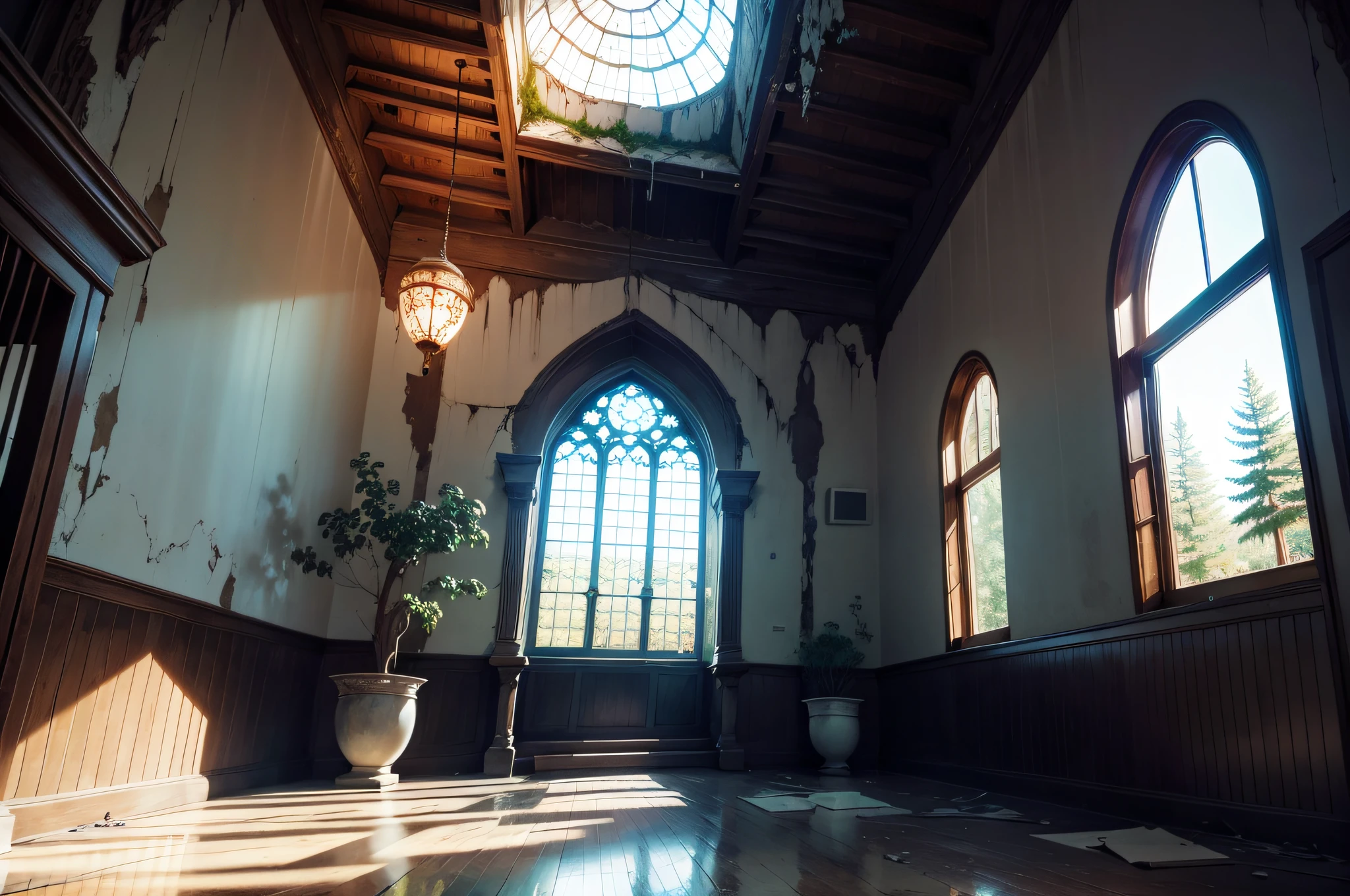 Beautiful gloomy abandoned dilapidated church, colored stained-glass windows, A large cross hangs from the ceiling, The vibrant, A thin beam of sunlight falls on the floor, Spruce grows from the floor