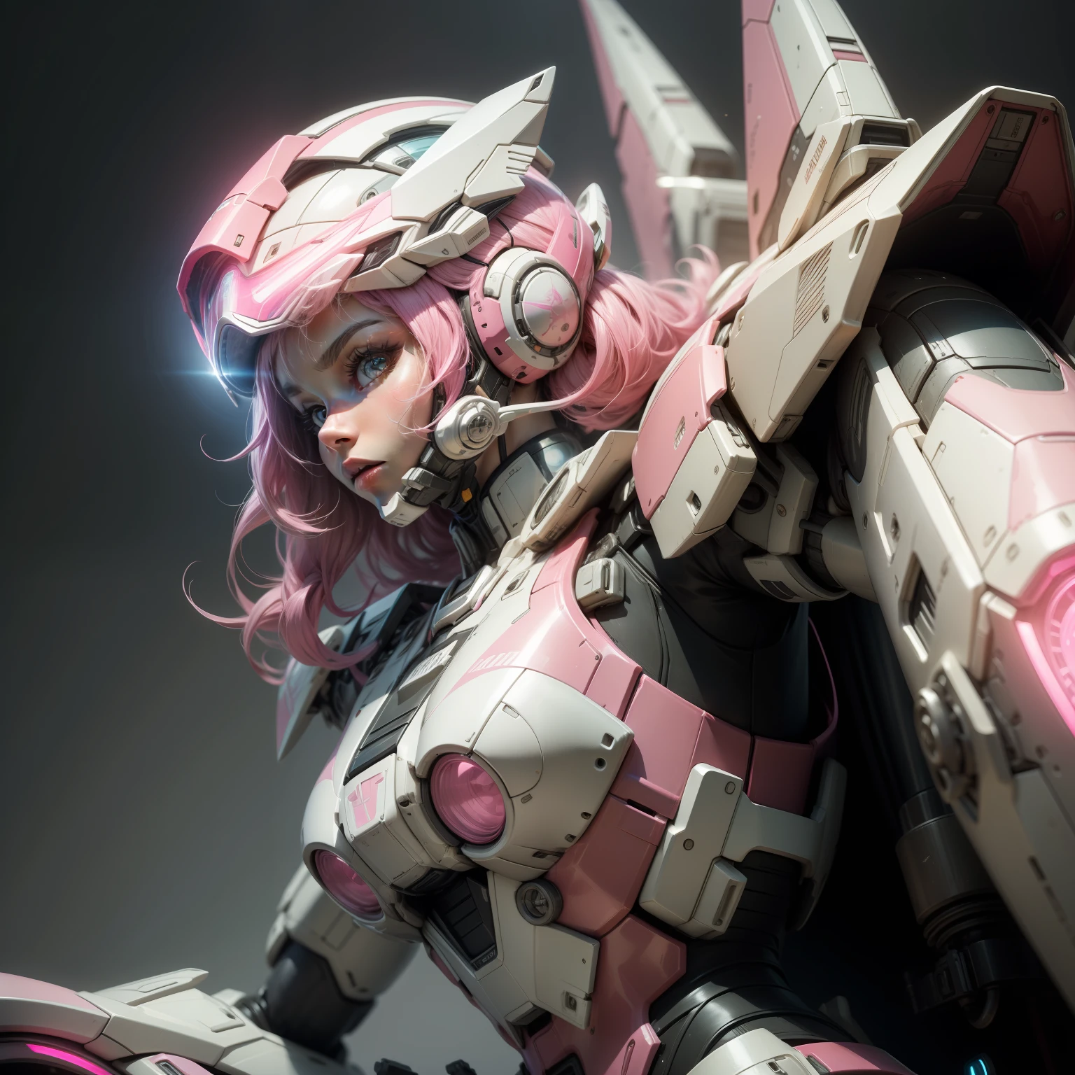 Highest image quality, outstanding details, ultra-high resolution, (realism: 1.4), the best illustration, favor details, highly condensed 1girl, with a delicate and beautiful face, dressed in a pink and white mecha, wearing a mecha helmet, holding a directional controller, riding on a motorcycle, the background is a high-tech lighting scene of the future city.