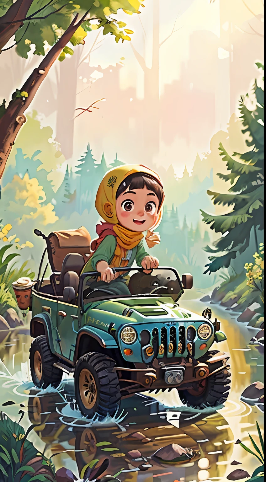 Hijab girl ride a jeep, in river, forest, Watercolor, full body view, sunset, perfect quality, (masterpiece: 1.2) (Bokeh background) (Best quality) (Detailed Skin: 1.3) (Intricate Details) (8K) (Detail Eyes) (Sharp Focus), (Happy), best lighting