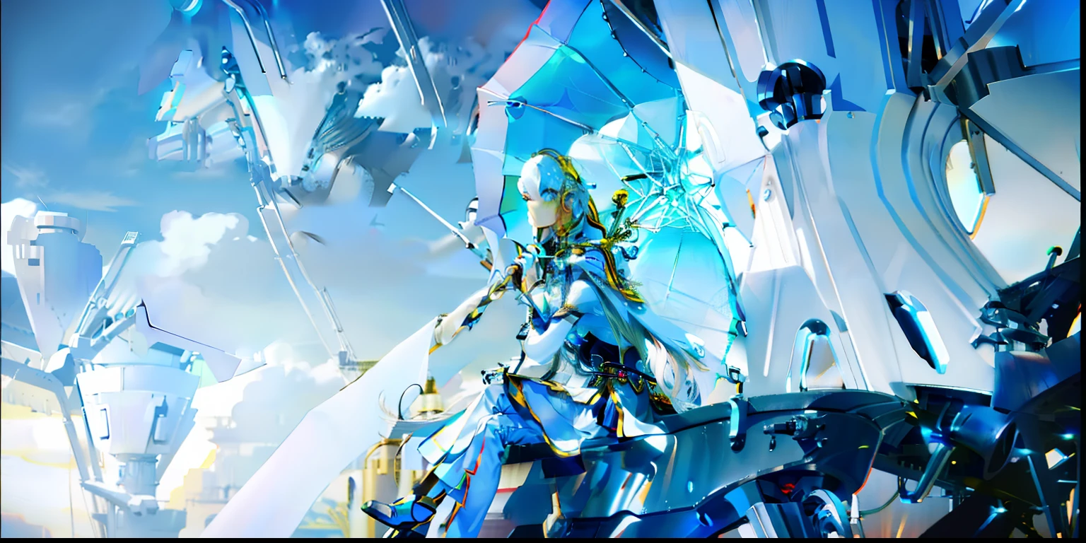 Mechanical girl, silver-white long hair, Mechanical umbrella, Sit Pose,Background Wilderness Tower