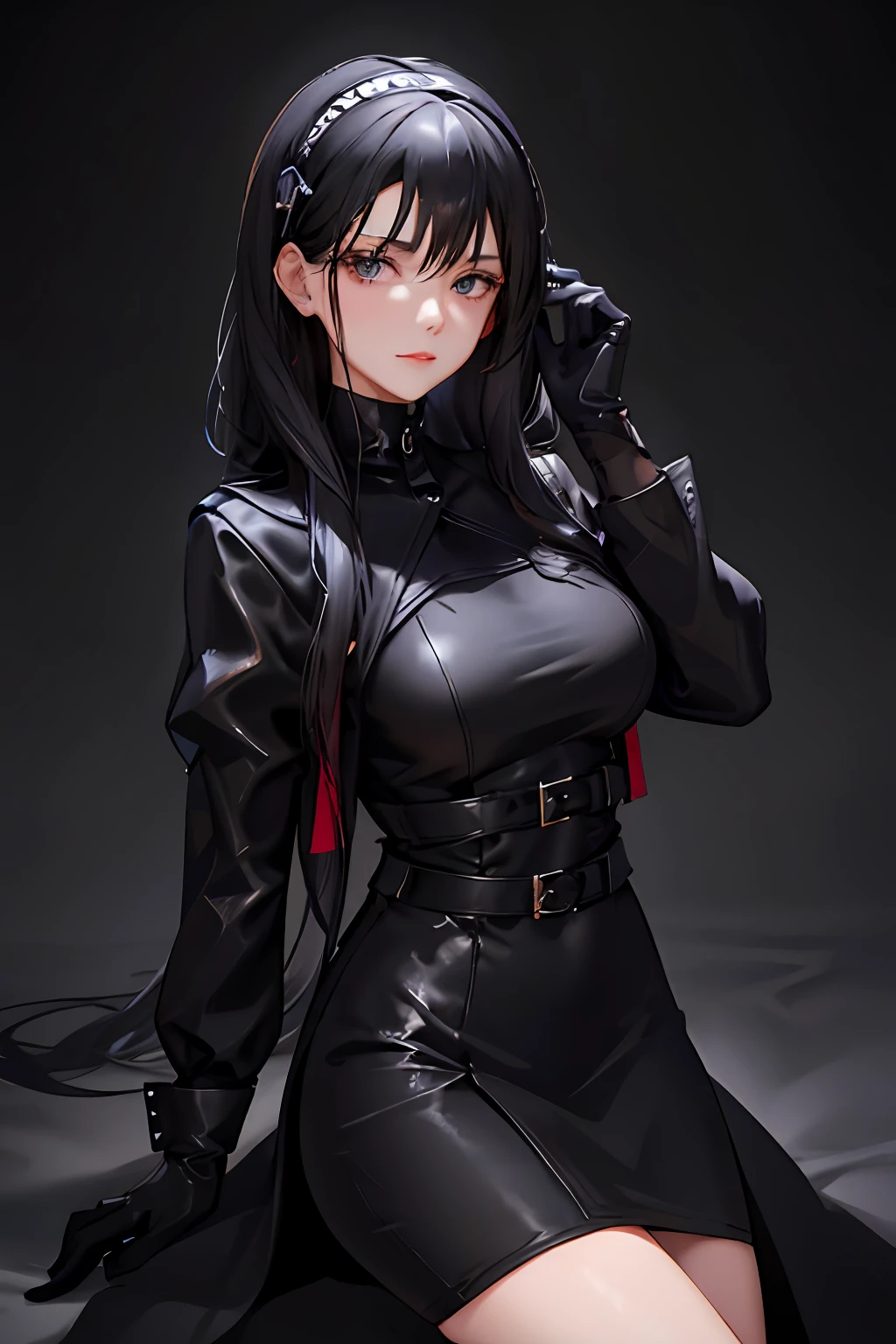 girl with jet black hair, wearing tight black dress combined with black lace gloves, cold and beautiful face