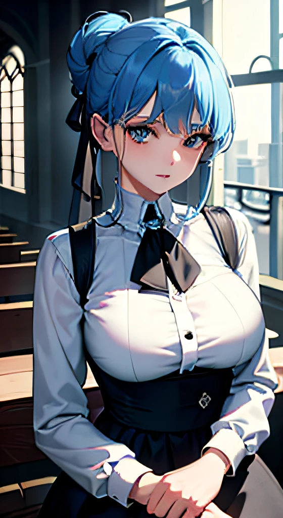 ((masterpiece)), (best quality), (detailed), (1girl), blue hair, blue eyes, updo, white shirt, black dress, looking down on the audience
