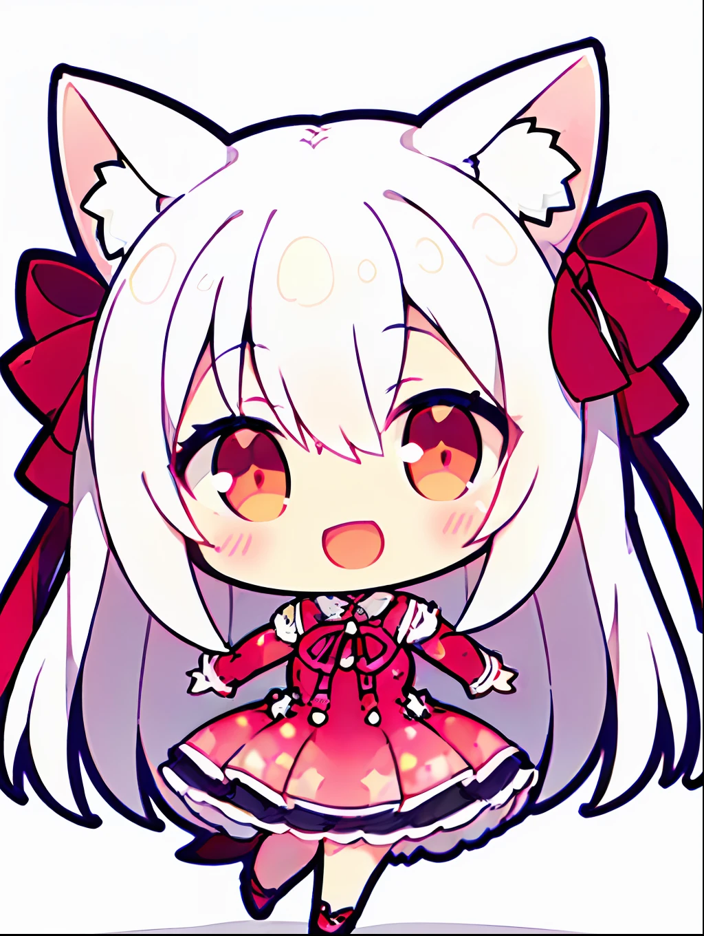 1girll, (chibi:1.3),(s whole body:1.5), ((Blank white background:1.5))
looking up at viewer, blushing, Smile, :D and, Open your mouth
(Pink monochrome spotted dress:1.2), ((white haired)), long hair, ((red pupil)), fox ears, fox tail, (A very large ribbon on the top of the head:1.4)
While watching the viewer,