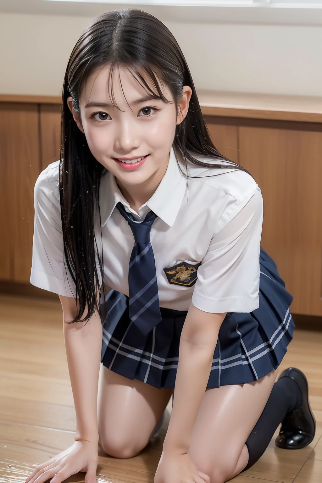 (masterpiece, best quality:1.2), a hyperrealistic schoolgirl, solo, 1girl, yukinoshita yukino, (shiny skin, wet skin:1.2), sweating, slight smile, looking at viewer, on all fours, school uniform, white shirt, plaid skirt, thighhighs, afternoon, classroom hyperrealistic schoolgirl