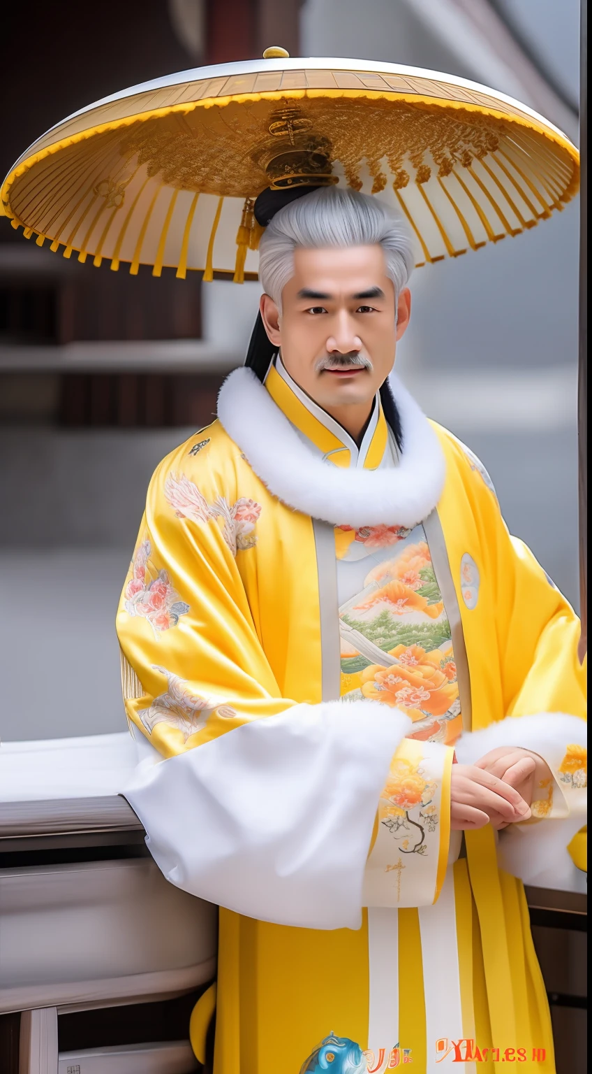 Masterpiece, Highest quality, (solofocus),, (High detail: 1.1),dojo，Yellow robe， Man, chinese crown, 1人,and white hair,超高分辨率 , Detailed background, realisticlying, wearing a detailed and intricate xianxia antique outfit