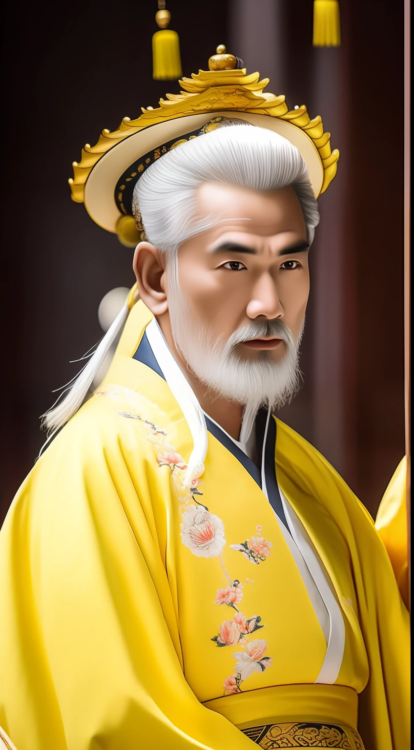 Masterpiece, Highest quality, (solofocus),, (High detail: 1.1),dojo,Yellow robe, Man, chinese crown, 1人,and white hair,超高分辨率 , Detailed background, realisticlying, wearing a detailed and intricate xianxia antique outfit