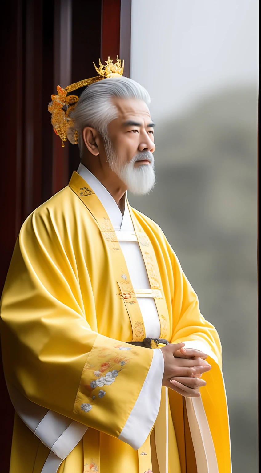 Masterpiece, Highest quality, (solofocus),, (High detail: 1.1),dojo,Yellow robe, Man, chinese crown, 1人,and white hair,超高分辨率 , Detailed background, realisticlying, wearing a detailed and intricate xianxia antique outfit