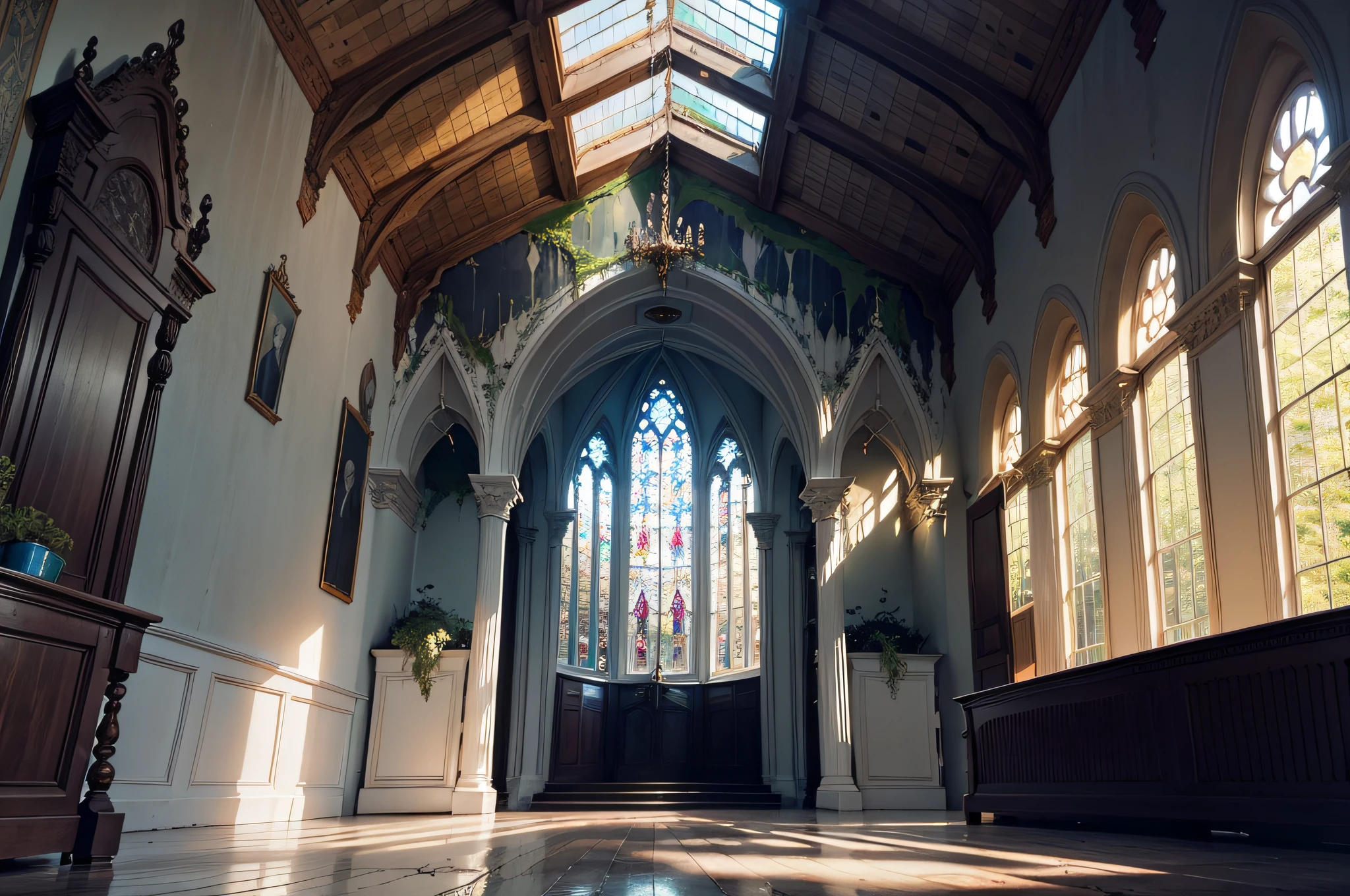 Beautiful gloomy abandoned dilapidated church, colored stained-glass windows, A large cross hangs from the ceiling, The vibrant, A thin beam of sunlight falls on the floor, A spruce grows from the floor