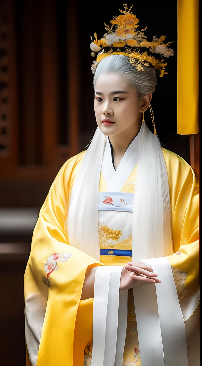 Masterpiece, Highest quality, (solofocus),, (High detail: 1.1),dojo,Yellow robe, Man, chinese crown, 1人,and white hair,超高分辨率 , Detailed background, realisticlying, wearing a detailed and intricate xianxia antique outfit