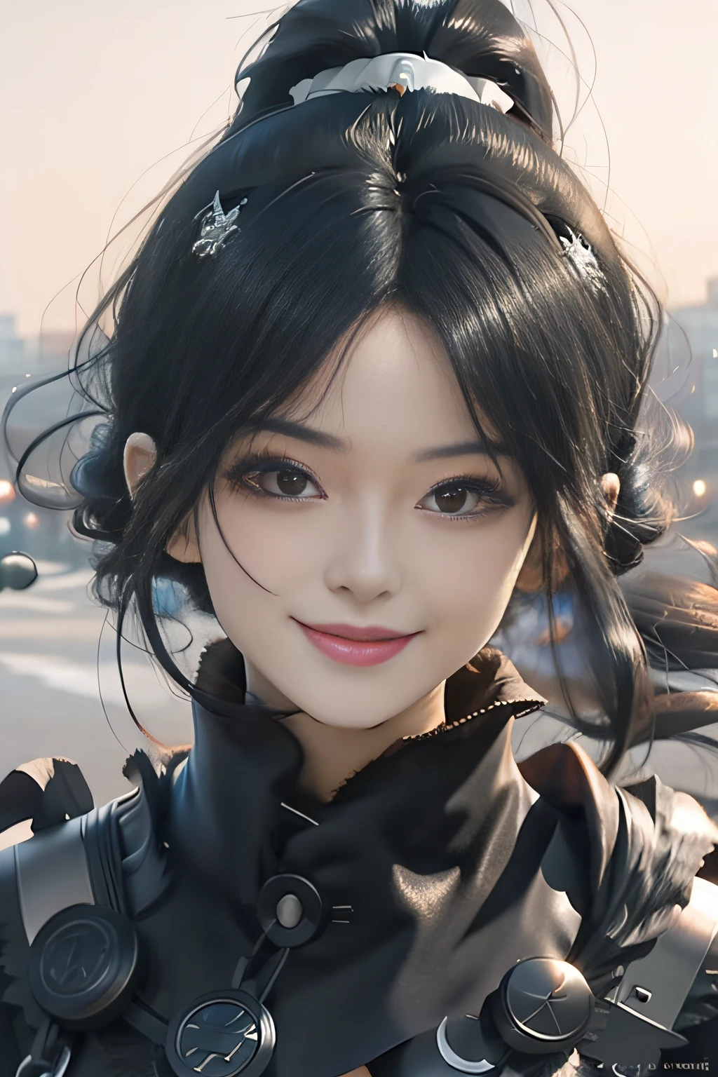 black hair, hair bobbles, wince, longeyelashes, solid circle eyes, light smile, ear blush, fang, black hair, stereogram, tachi-e, pov, atmospheric perspective, anime style, god rays, move chart, 8k, super detail, ccurate, best quality