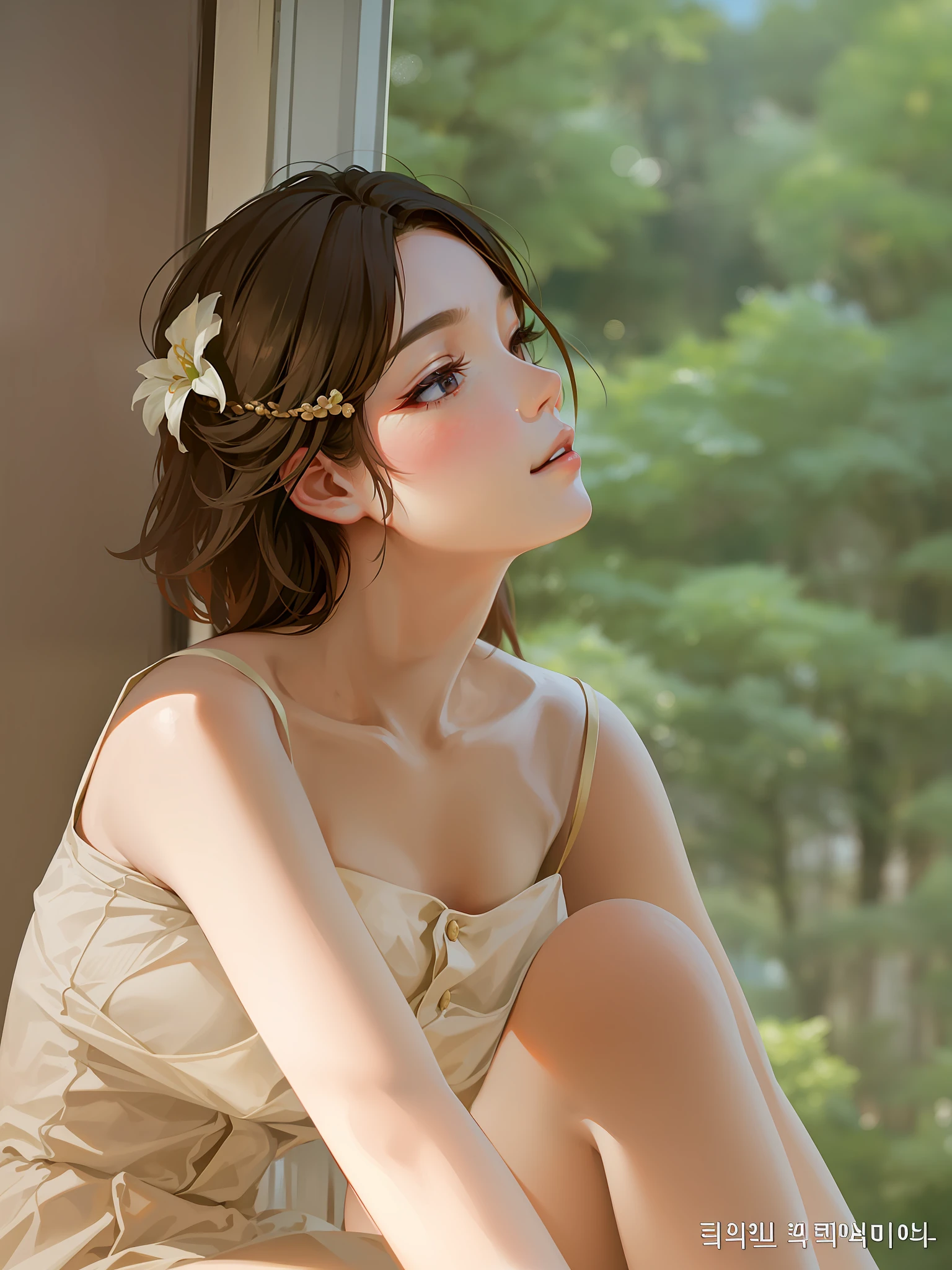 Alfeld woman sitting on the windowsill，Looking out the window, Beautiful young Korean woman, beautiful Korean women, Soft portrait shot 8 K, Gorgeous young Korean woman, cute korean actress, a cute young woman, Korean girl, cute elegant pose, Lovely woman, A young Asian woman, soft light from the side, cute delicate face, thoughtful pose, Korean woman