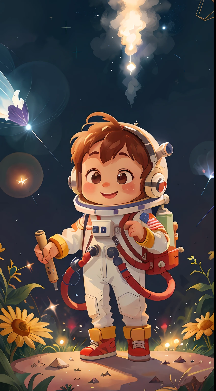 Astronaut, rocket, outer space, smile, Watercolor, full body view, perfect quality, (masterpiece: 1.2)  (Bokeh background) (Best quality) (Detailed Skin: 1.3) (Intricate Details) (8K) (Detail Eyes) (Sharp Focus), (Happy), best lighting