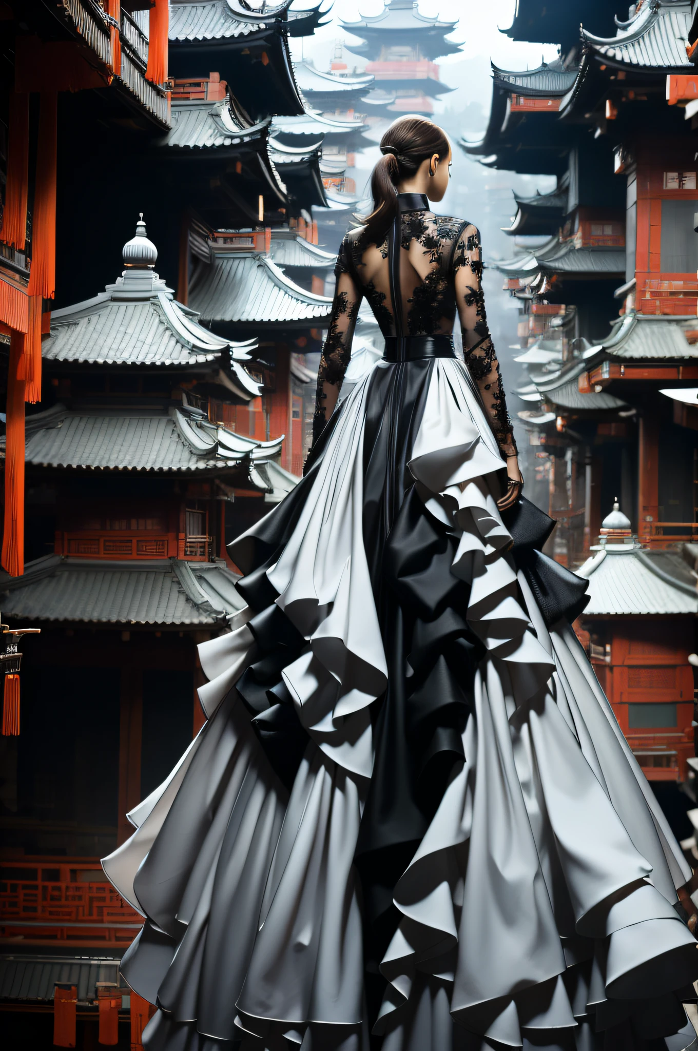Haute couture models wear exquisite Hanfu，Alexander McQueen, With his back to the camera, Stand in a bustling metropolis of futuristic architecture. This was filmed by Andreas Gursky《vogue》The full-body photo blends Chinese tradition with modernity，真实感，Ultra-clear resolution