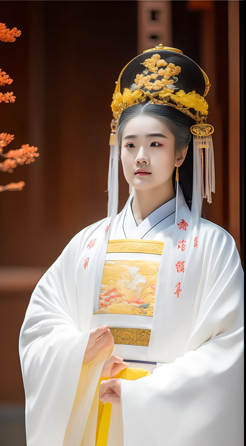Masterpiece, Highest quality, (solofocus),, (High detail: 1.1),dojo,Yellow robe, Man, chinese crown, 1人,and white hair,超高分辨率 , Detailed background, realisticlying, wearing a detailed and intricate xianxia antique outfit