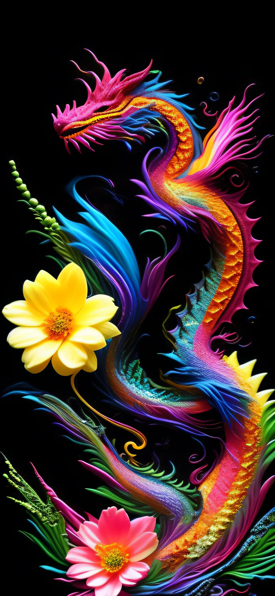 a liquid artistic abstract representation of a dragon and flowers of paint, black background, 3D render, Synesthesia