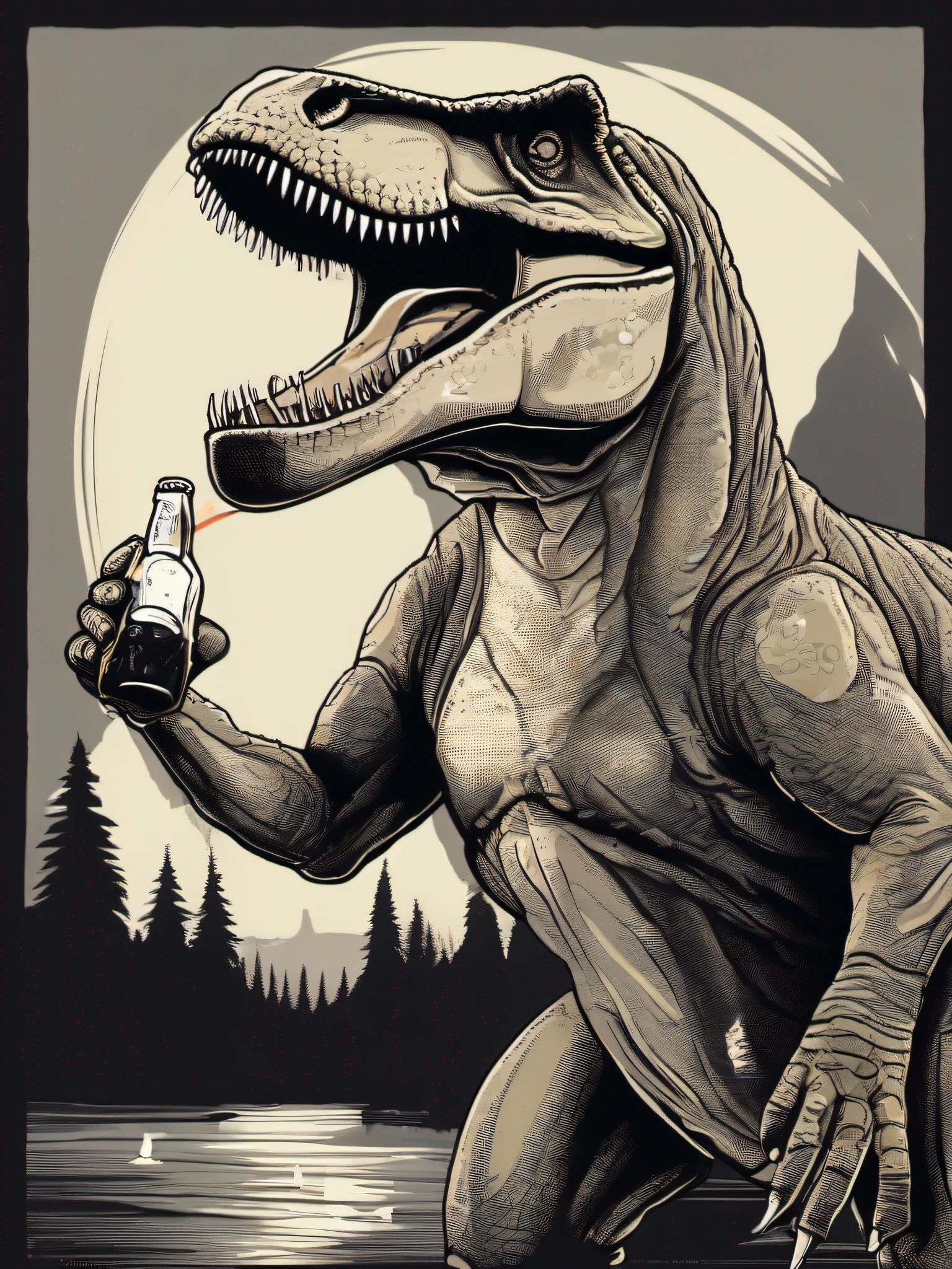 vector art of a thirsty (T-Rex holding a beer can or bottle: 1.5), with its tongue playfully sticking out in anticipation of the refreshing drink. Use intricate details to illustrate the beer container and the T-Rex's features, giving the artwork a high level of realism. Add humorous elements, such as witty beer labels, to enhance the overall charm of the illustration, isolated, black background, in the style of 0mib