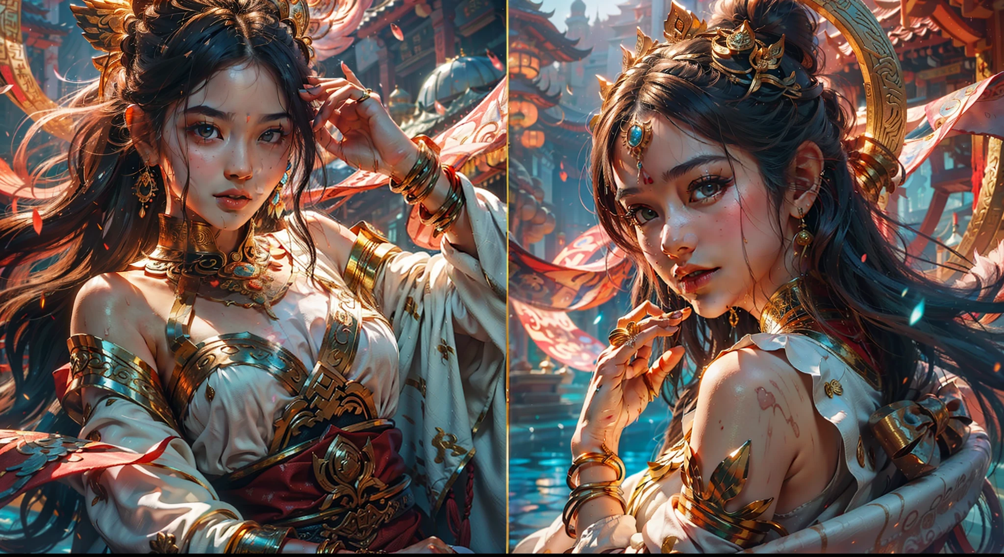 A Buddhist Bodhisattva Girl, (Masterpiece, Top Quality, Best Quality, Official Art), (KPOP idol), (Super Long Hair, Messy Long Flowing Hair, Light Pink Long Hair), Delicate Jewelry, Delicate Bracelet, Delicate Hair Ornament, High Feeling, Aperture in the Back, Fairy Fluttering, Looking Up View, Barefoot, Golden Bracelet on Ankle, Ancient Chinese Costumes, (Conservative Clothes), (Gorgeous Silk, Flowing Tulle, Flying Silk Around), dazzling background, Golden aperture on the back, gold Falun on the back, best light, best shadow, movie lighting, mystery, background pure black with ring aperture, ultra HD, 8k, fair skin, Wolp_style, duhuang_style, upper body close-up, detailed face, (sideways: 1.5), 28 years old, 1girl, well-dressed, super long clothes, one leg on the ground, left hand to do Buddha hand on chest, the other raised above the head to do bergamot, surrealism, photo, realistic,{(Surfacing from the clear pool,(Splashes around the body: 2.0), Splashes, Water ripples)}, (Wet clothes: 1.5) (Wet body: 3.0), (Wet hair: 1.5)}, Mid-chest, 48KG weight, smooth skin, light blue pupils, detailed eye painting, (Super white skin, supple skin), (Face focus, bending over to look at the camera, snap), light hitting the face
