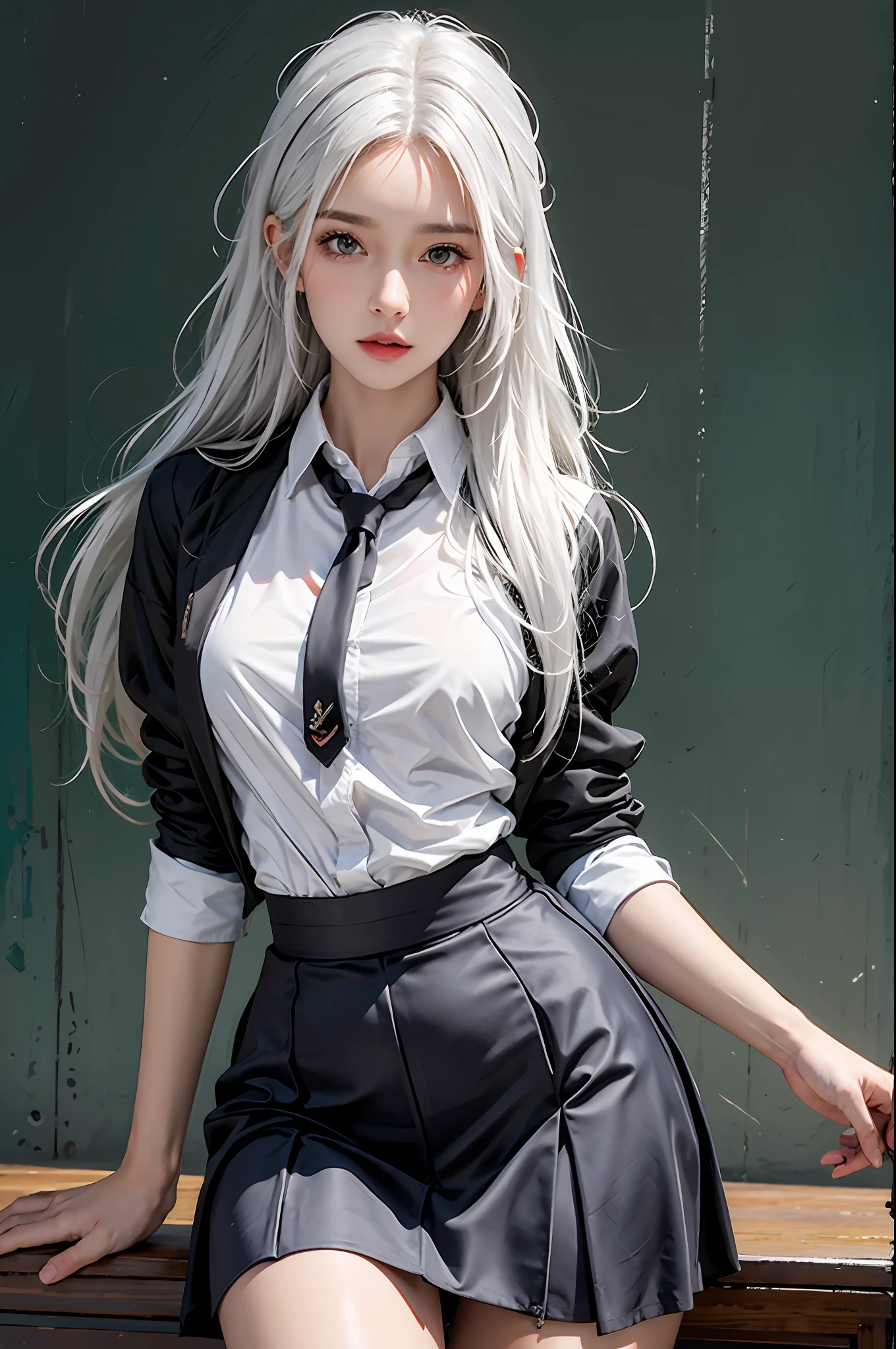 photorealistic, high resolution, 1women, solo, hips up, look at viewer, (detailed face), white hair, long hair, school uniform, skirt