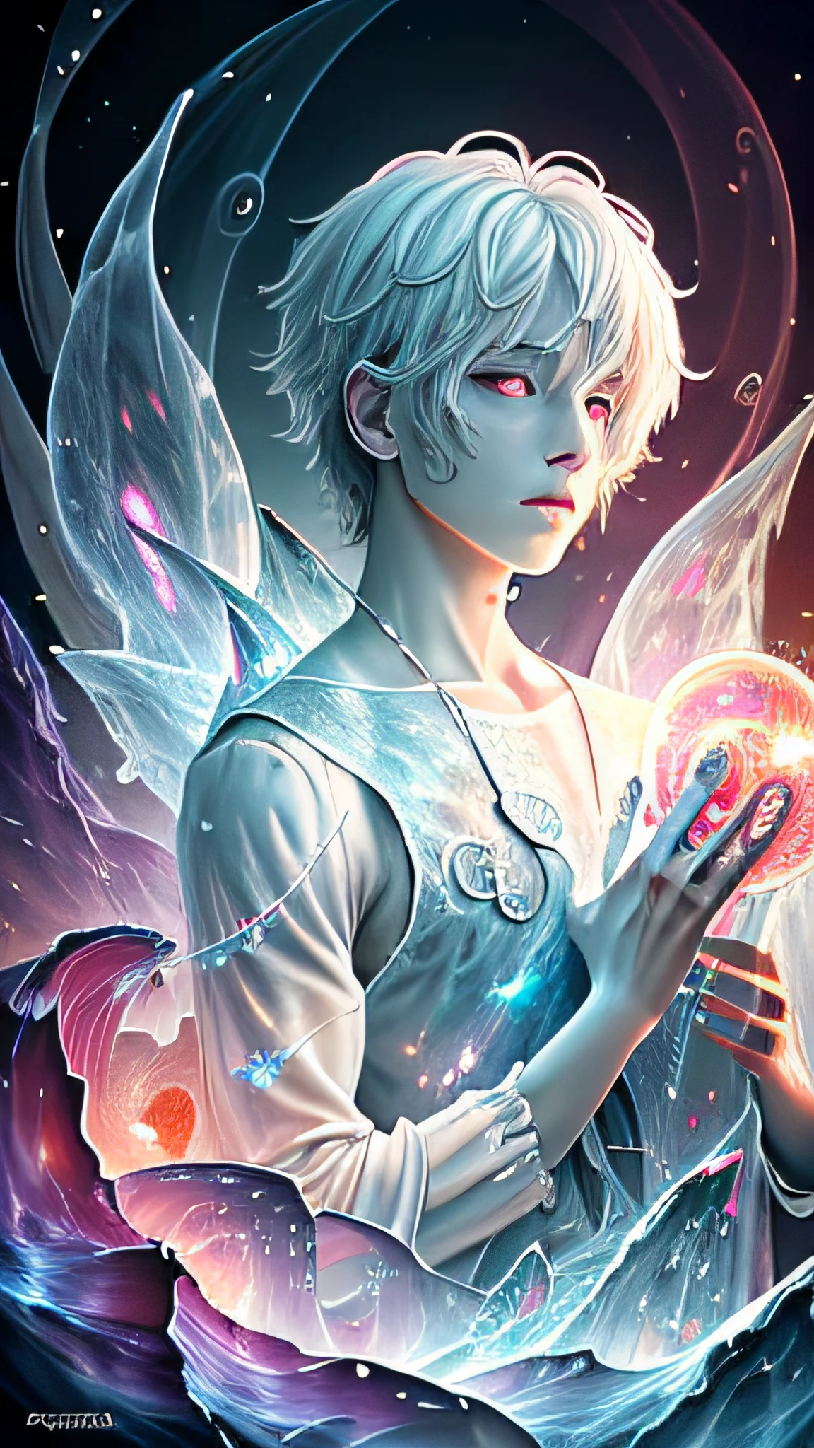 Realistic, (Masterpiece, Top Quality, Best Quality, Official Art, Beauty and Aesthetics: 1.2), Very Detailed, Fractal Art, Colorful, Most Detailed, Zentangle, (Abstract Background: 1.5) (1boy: 1.3), Gods, White Hair, (Glowing Red Eyes), Mysterious, (Magic), Ice, ((Lycoris radiata)), Yellow Springs Hell, Soul Ferryman, Ghost